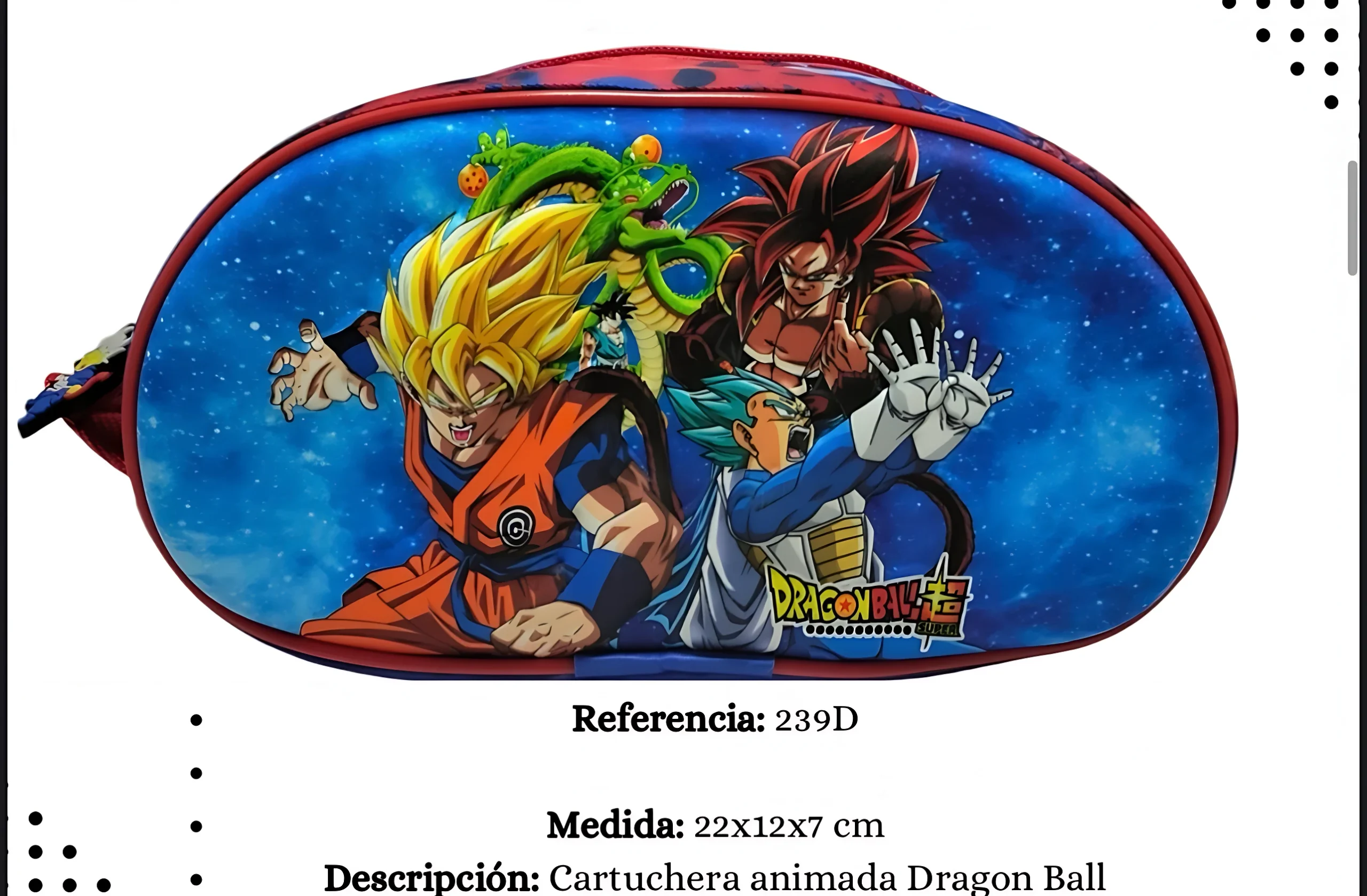 Cartuchera ovalada Dragon Ball Super 22x12x7 cm, con diseño animado de Goku, Vegeta y Shenlong en fondo espacial azul.