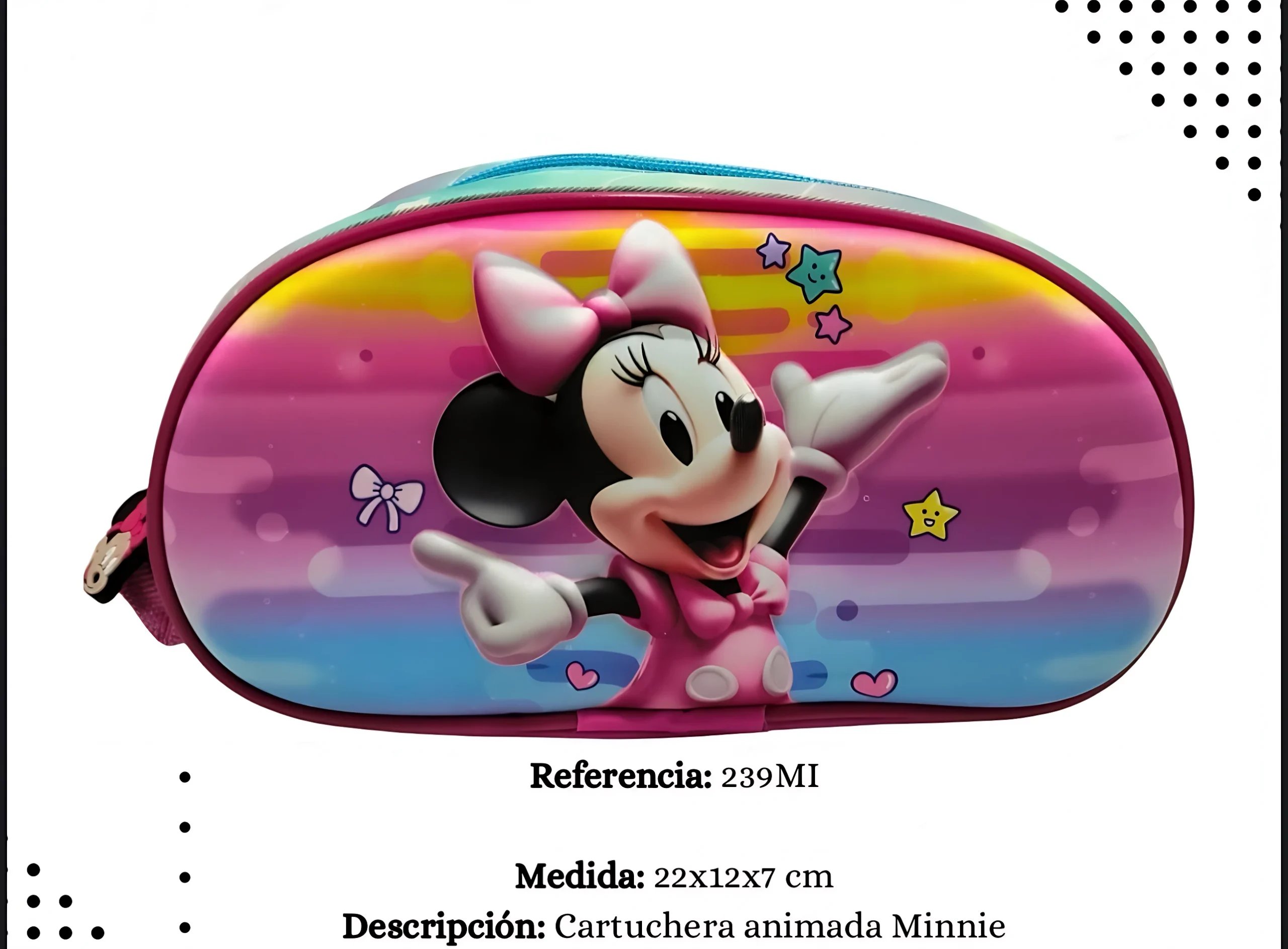 Cartuchera escolar ovalada con diseño animado de Minnie Mouse, fondo degradado rosa y azul, medidas 22x12x7 cm.
