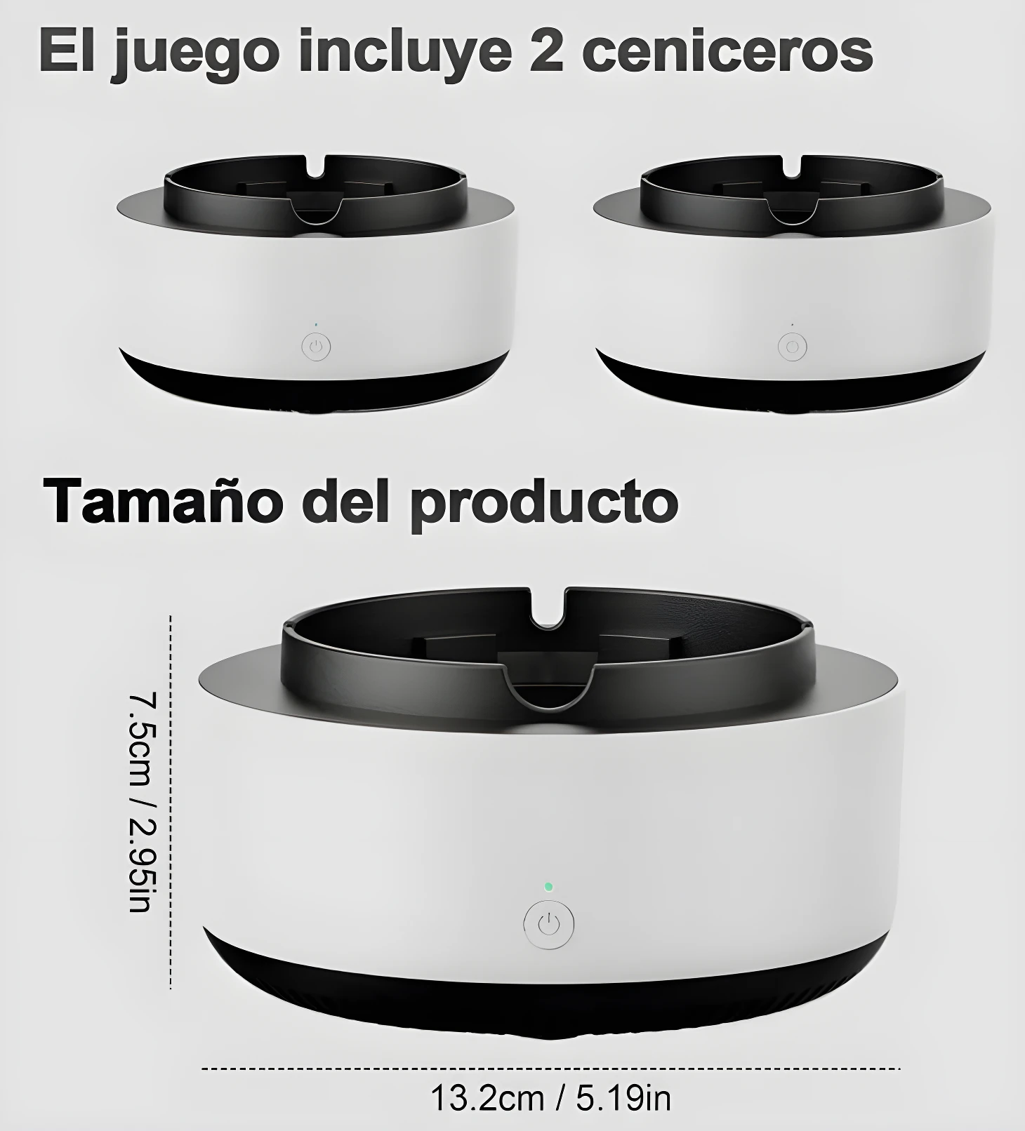 Set de 2 ceniceros purificadores de aire blancos con luz indicadora y medidas.