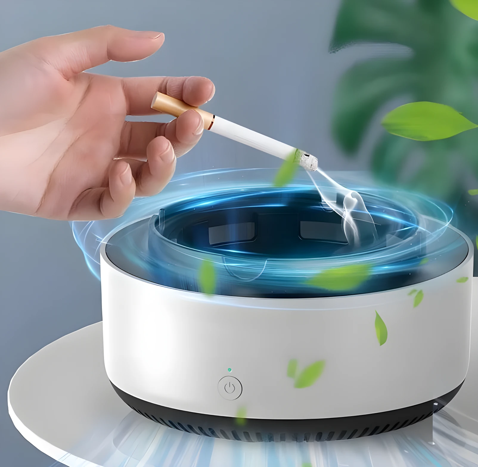 Cenicero purificador de aire blanco con filtro que aspira humo de cigarrillo.