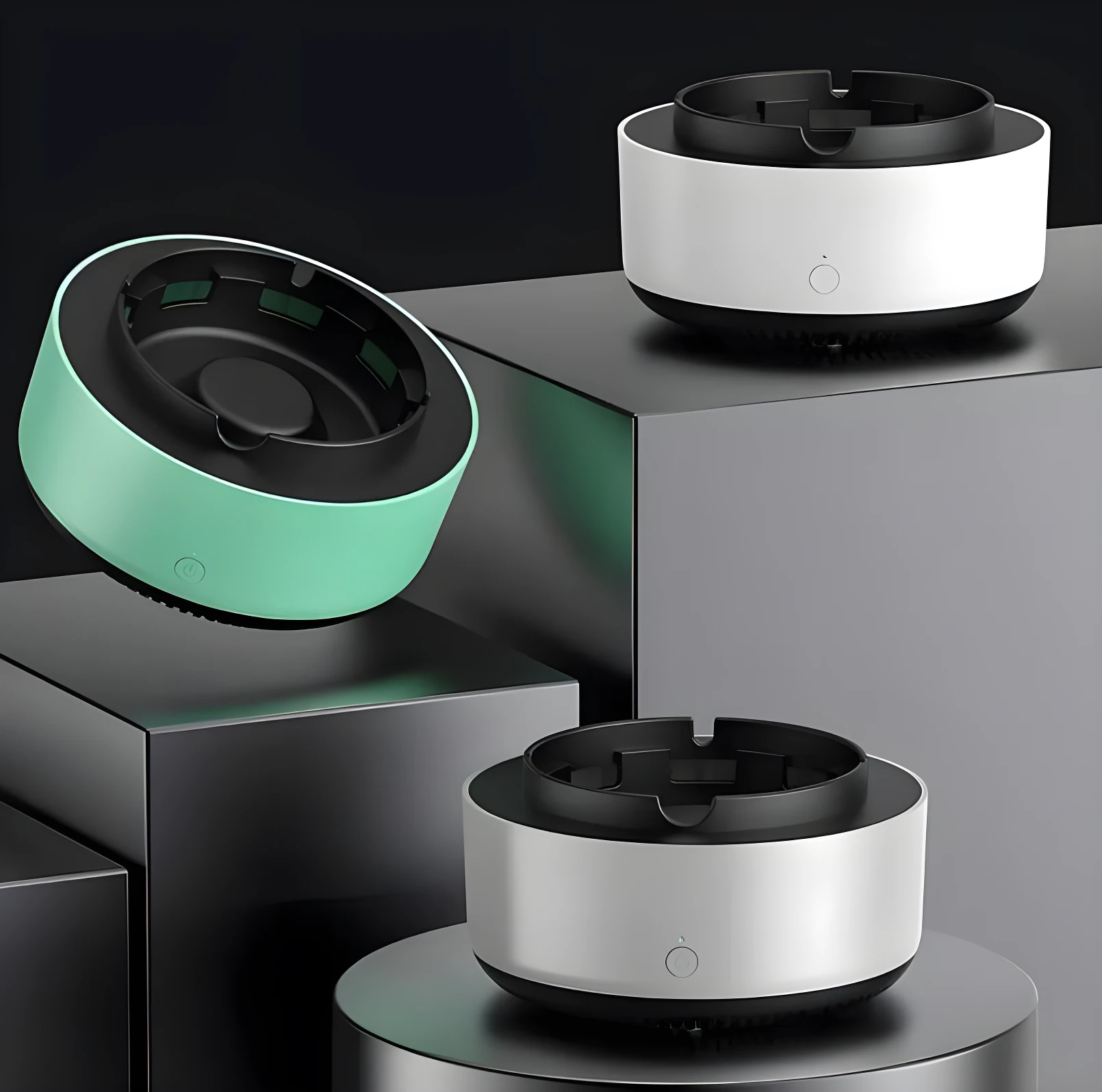 Set x2 ceniceros purificadores de aire. Uno verde menta flotando, otro blanco sobre pedestal gris y uno plateado sobre pedestal metálico.