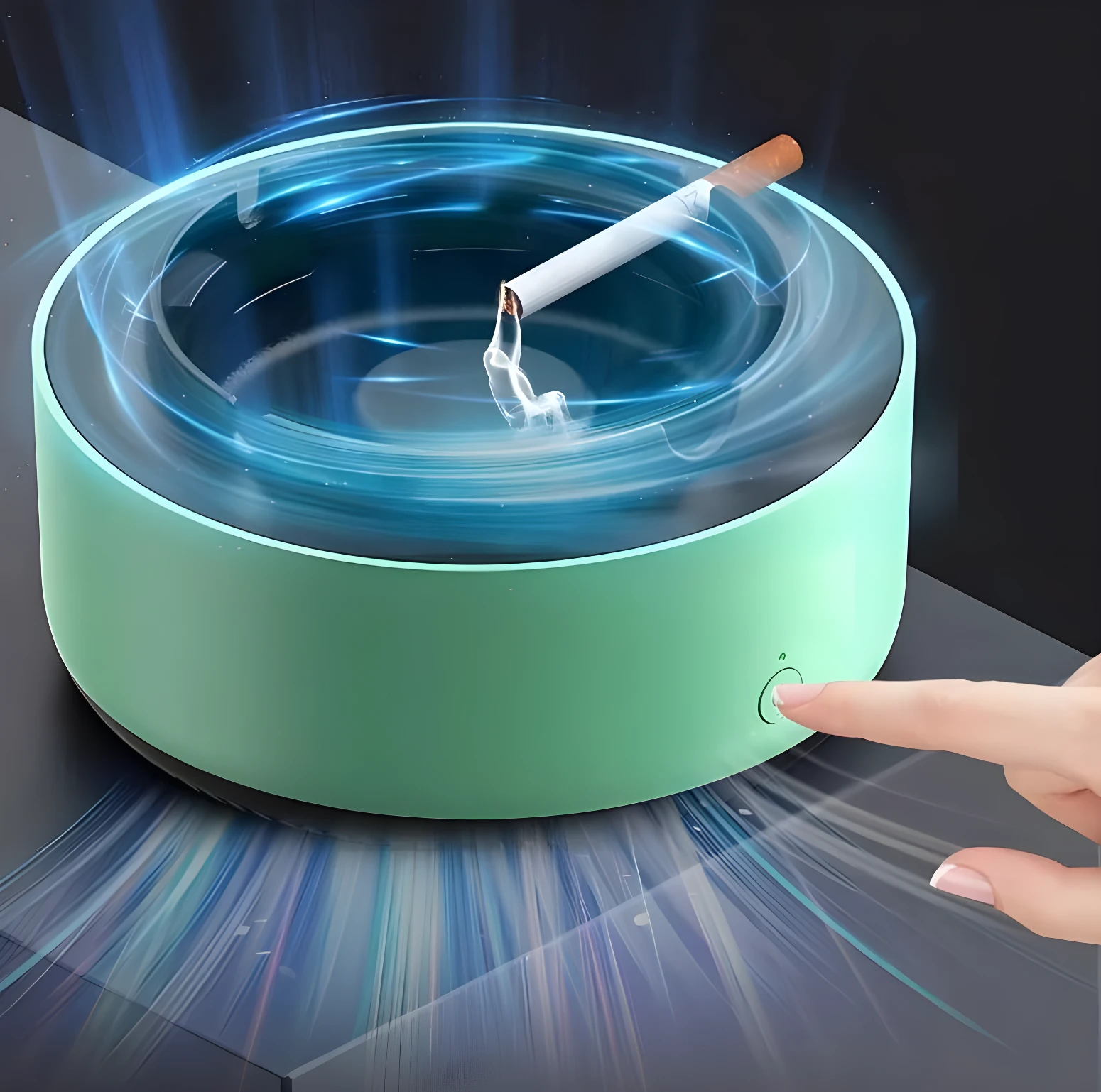 Cenicero purificador de aire verde con cigarrillo encendido y flujo de aire.