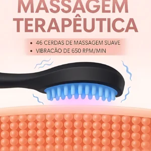 Cepillo masajeador capilar negro con cerdas azules, mostrando vibración de 650 RPM para un masaje suave.
