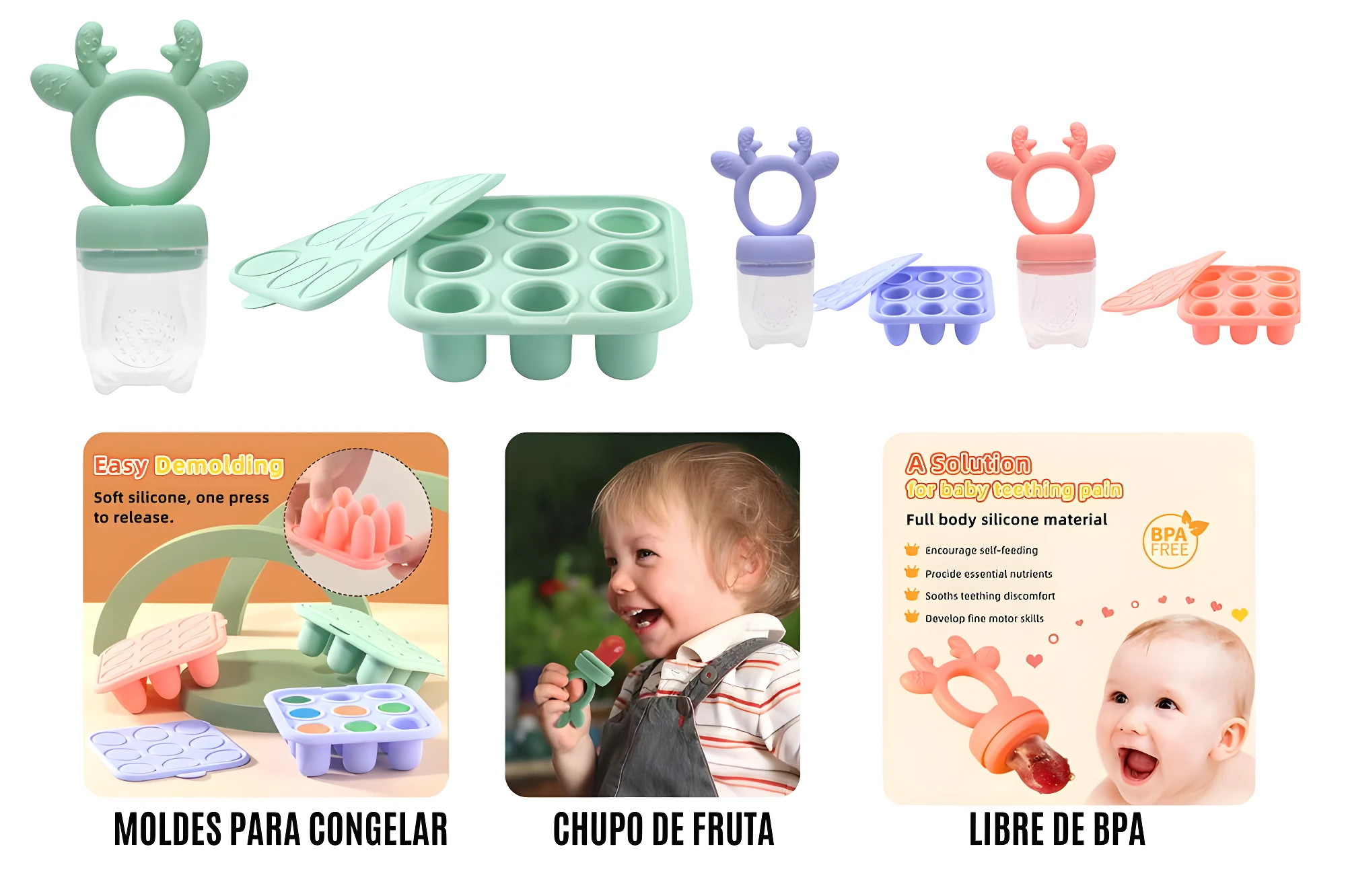Chupones de fruta de silicona BPA Free, moldes para congelar y bebé sonriendo.