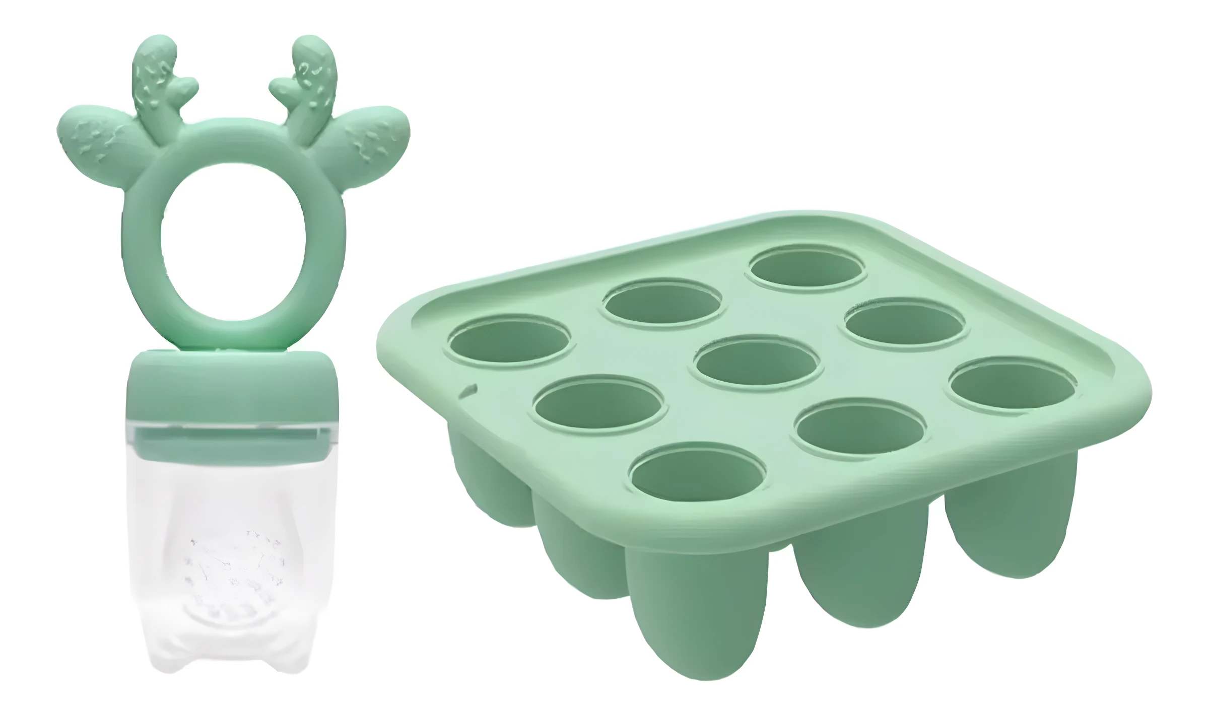 Chupones de fruta de silicona verde menta y molde de hielo con 9 cavidades.