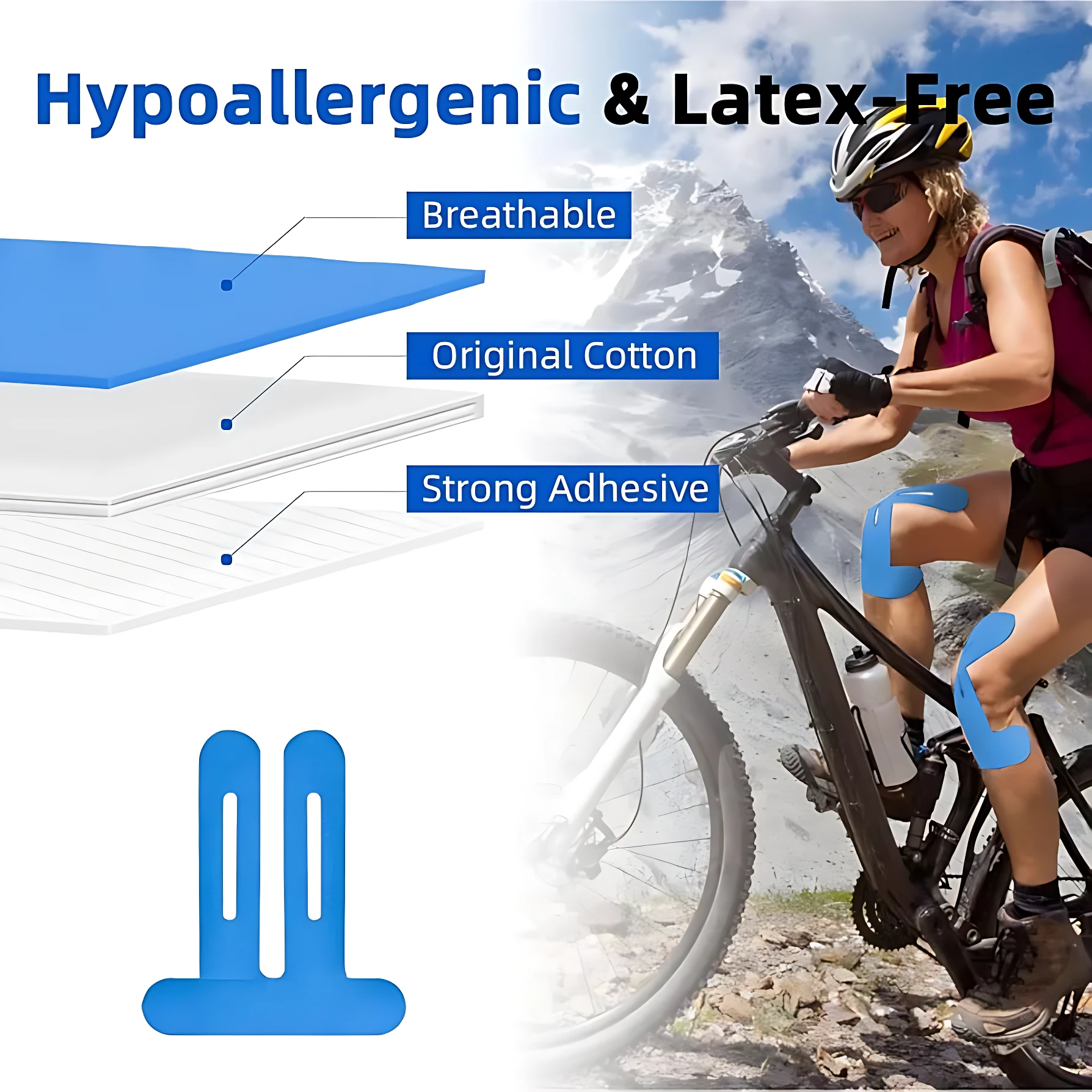 Cinta kinesiológica azul pre-cortada para rodilla, hipoalergénica y transpirable, ideal para deportistas.
