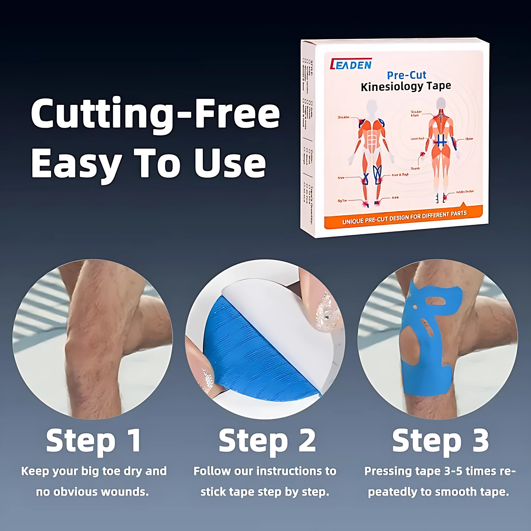 Cinta kinesiologica azul precortada para rodilla, soporte y alivio de molestias, con instrucciones de uso en 3 pasos.