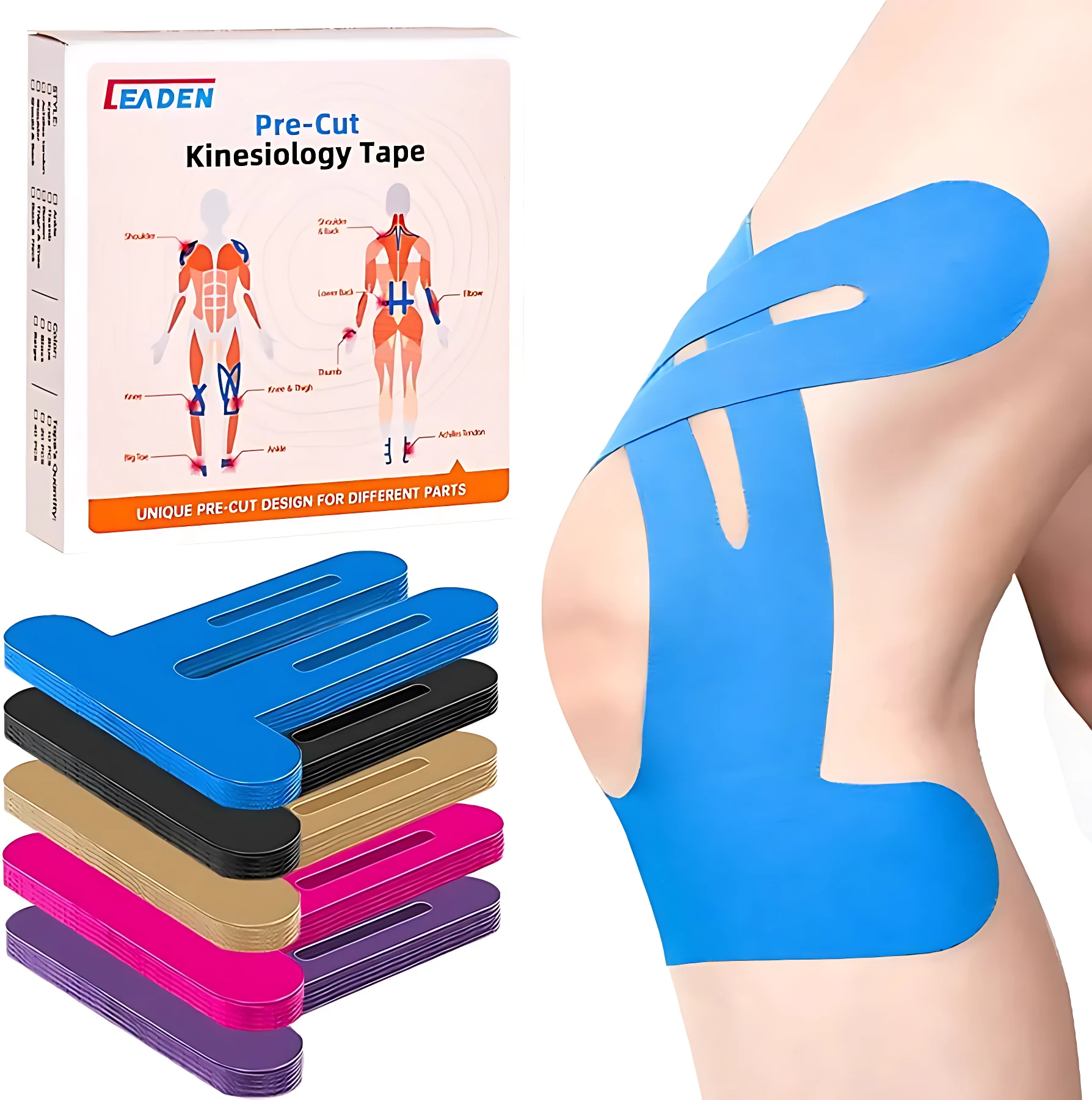 Rollo de cinta kinesiologica azul pre-cortada para rodilla en demostración, con paquete y muestras de varios colores.