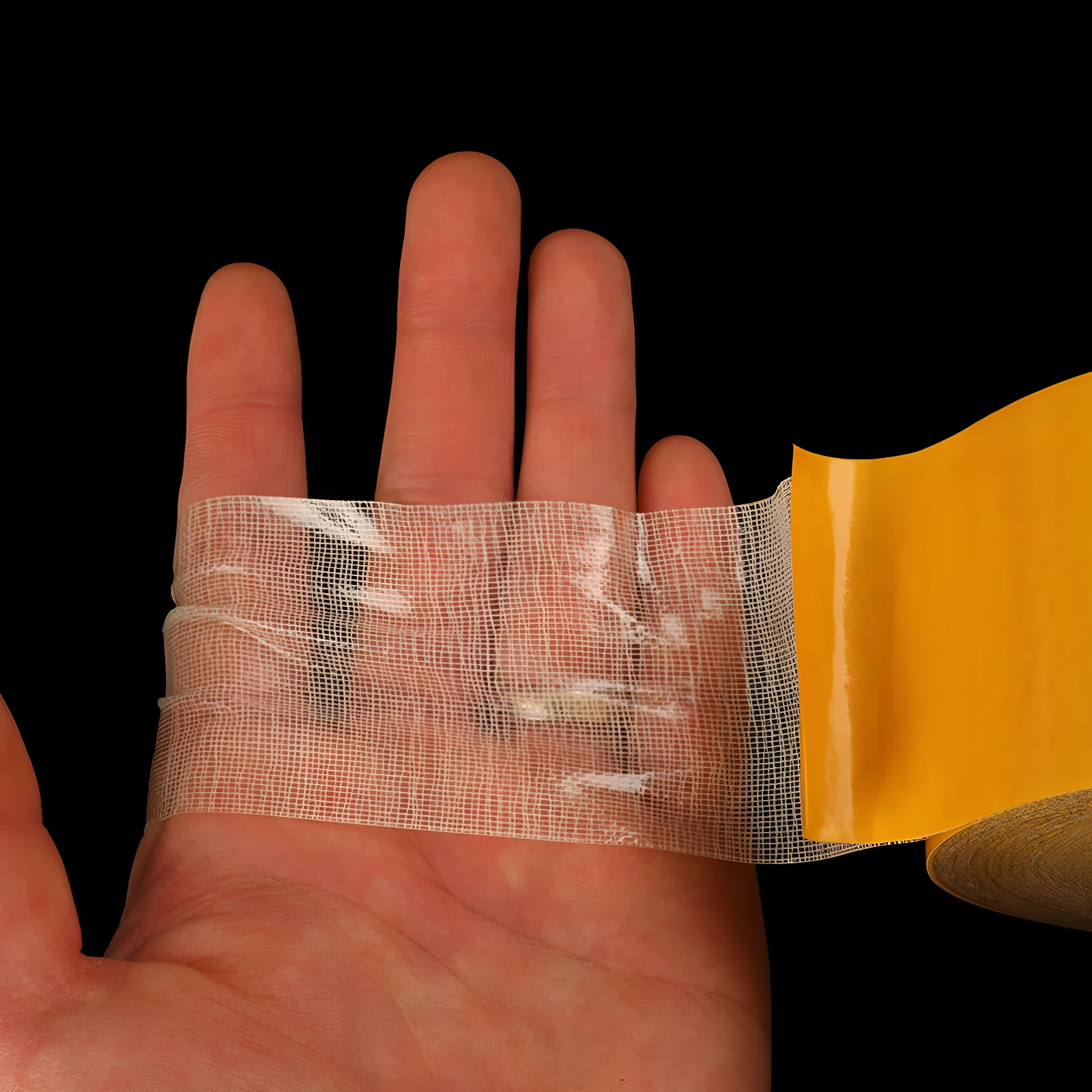 Cinta doble faz transparente en mano con vendas, ideal para pegar objetos delicados.