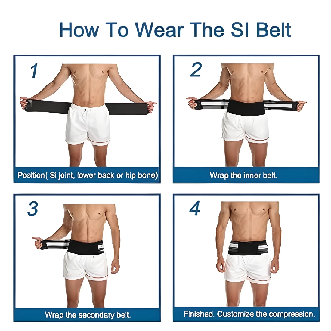 Cinturón lumbar para ciática en pasos: cómo colocar el cinturón interno y secundario para compresión.