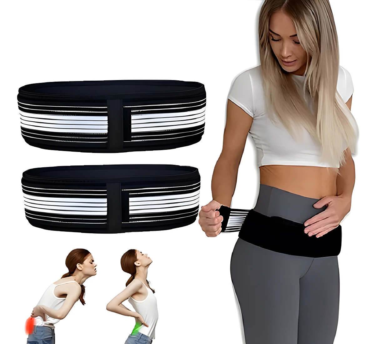 Cinturón lumbar de neopreno negro con diseño de rayas blancas, para alivio de ciática y dolor de espalda.