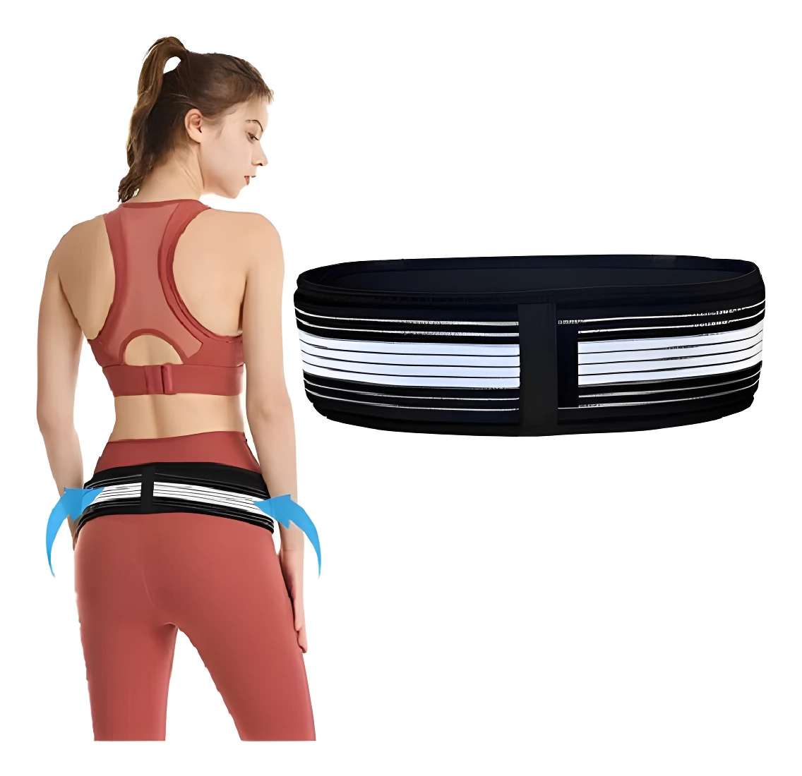 Cinturón lumbar para ciática, negro con bandas reflectantes blancas, en uso por mujer deportista.