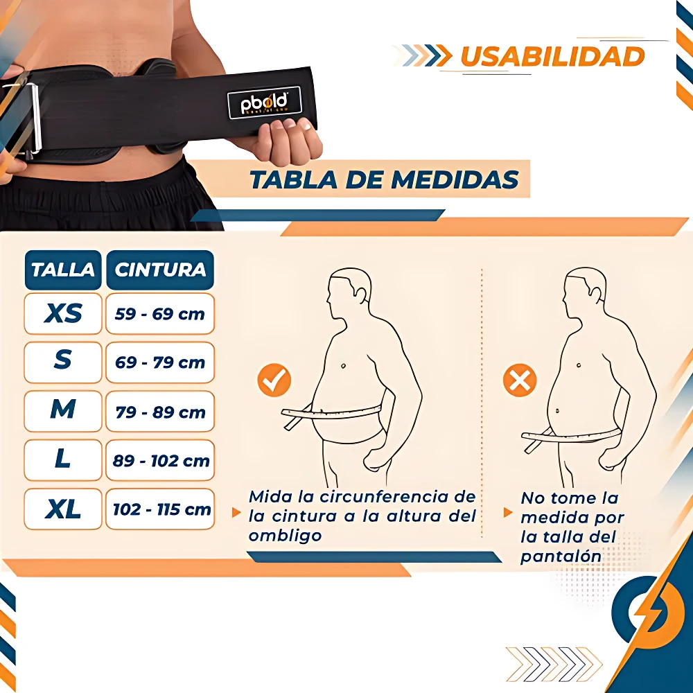 Cinturón de levantamiento de pesas negro, talla S, con tabla de medidas y guía de uso correcto.