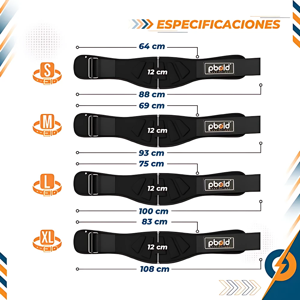 Cinturón de levantamiento de pesas negro, tallas S, M, L, XL, con medidas de 64-108 cm y 12 cm de ancho.