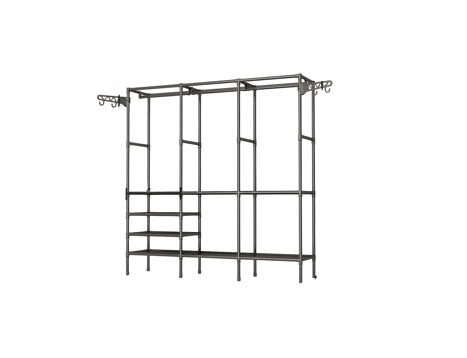 Closet Armario triple organizador de ropa con múltiples estantes y barras para colgar.