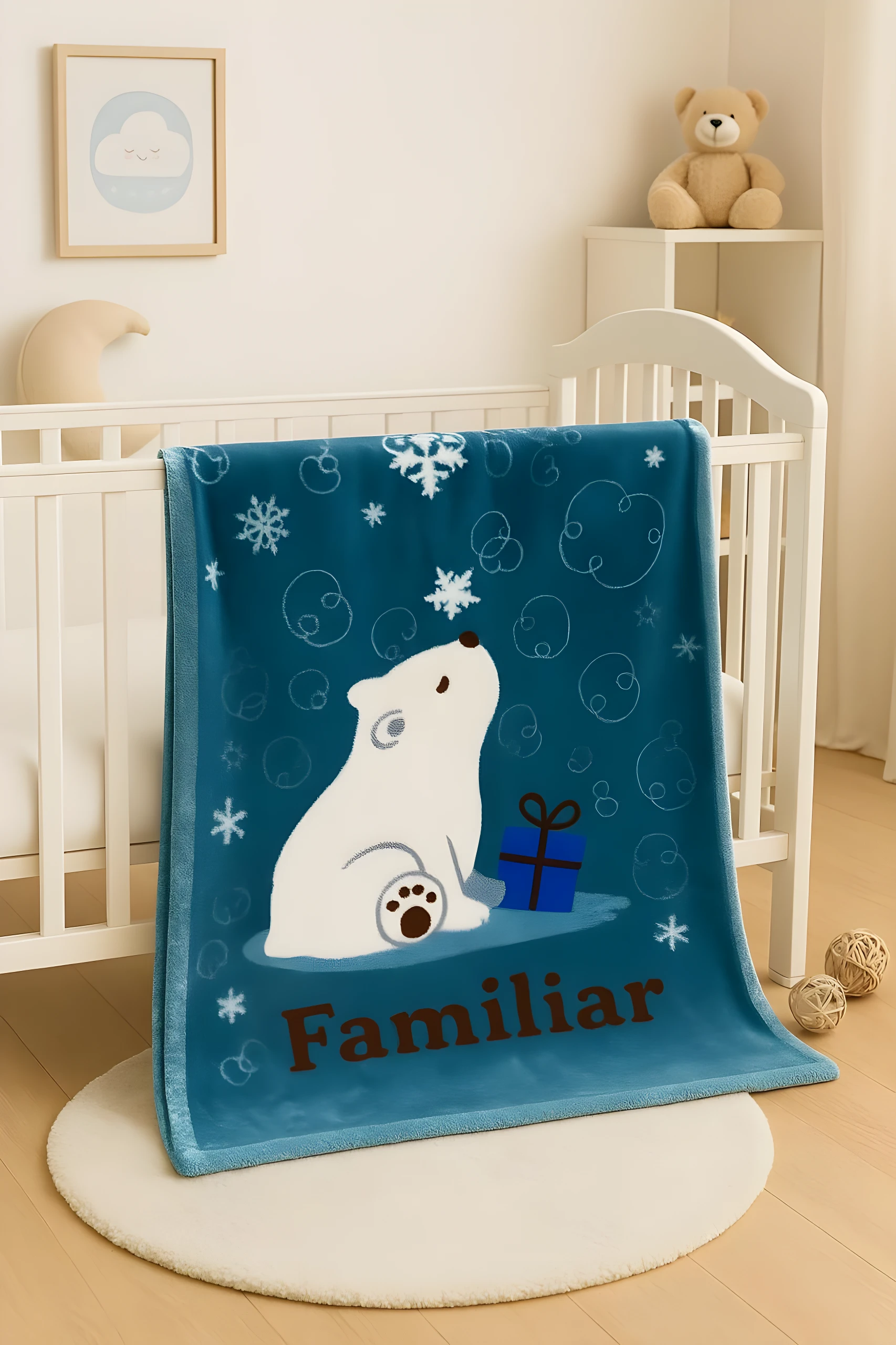 Cobija de bebé azul con estampado de oso polar, regalo y copos de nieve.