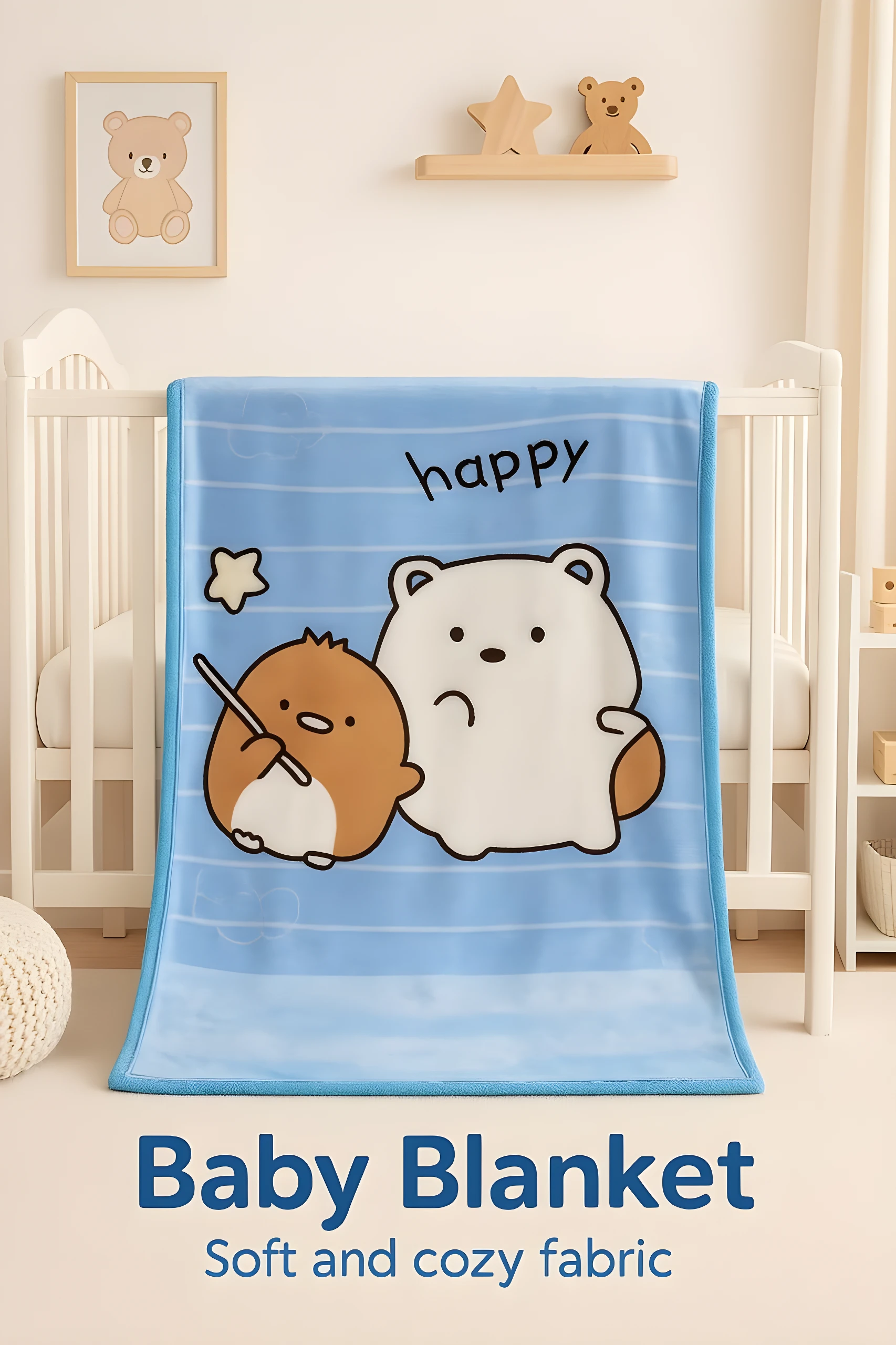 Cobija de bebé azul con diseño de oso y hámster felices, textura suave, ideal para cuna.