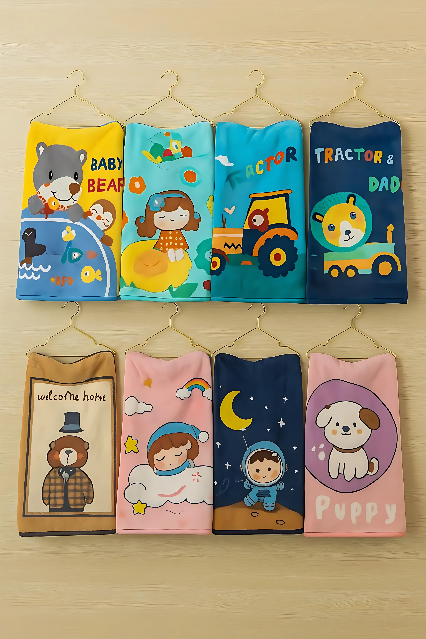 Cobija infantil piel de durazno estampada con osos, tractor, astronauta y cachorro.