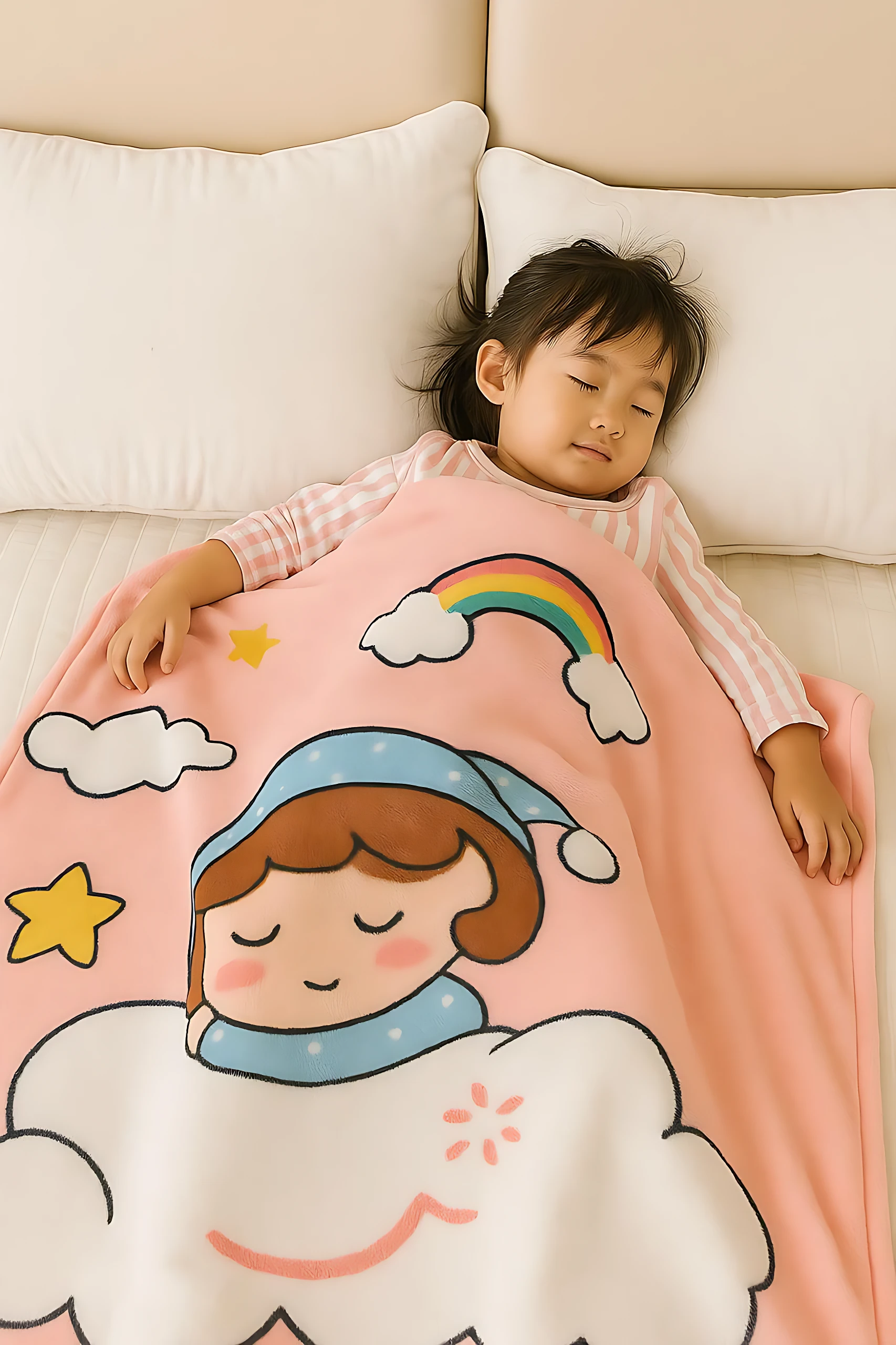 Cobija suave infantil rosa con estampado de niña durmiendo, arcoíris y estrellas. Ideal para siestas.