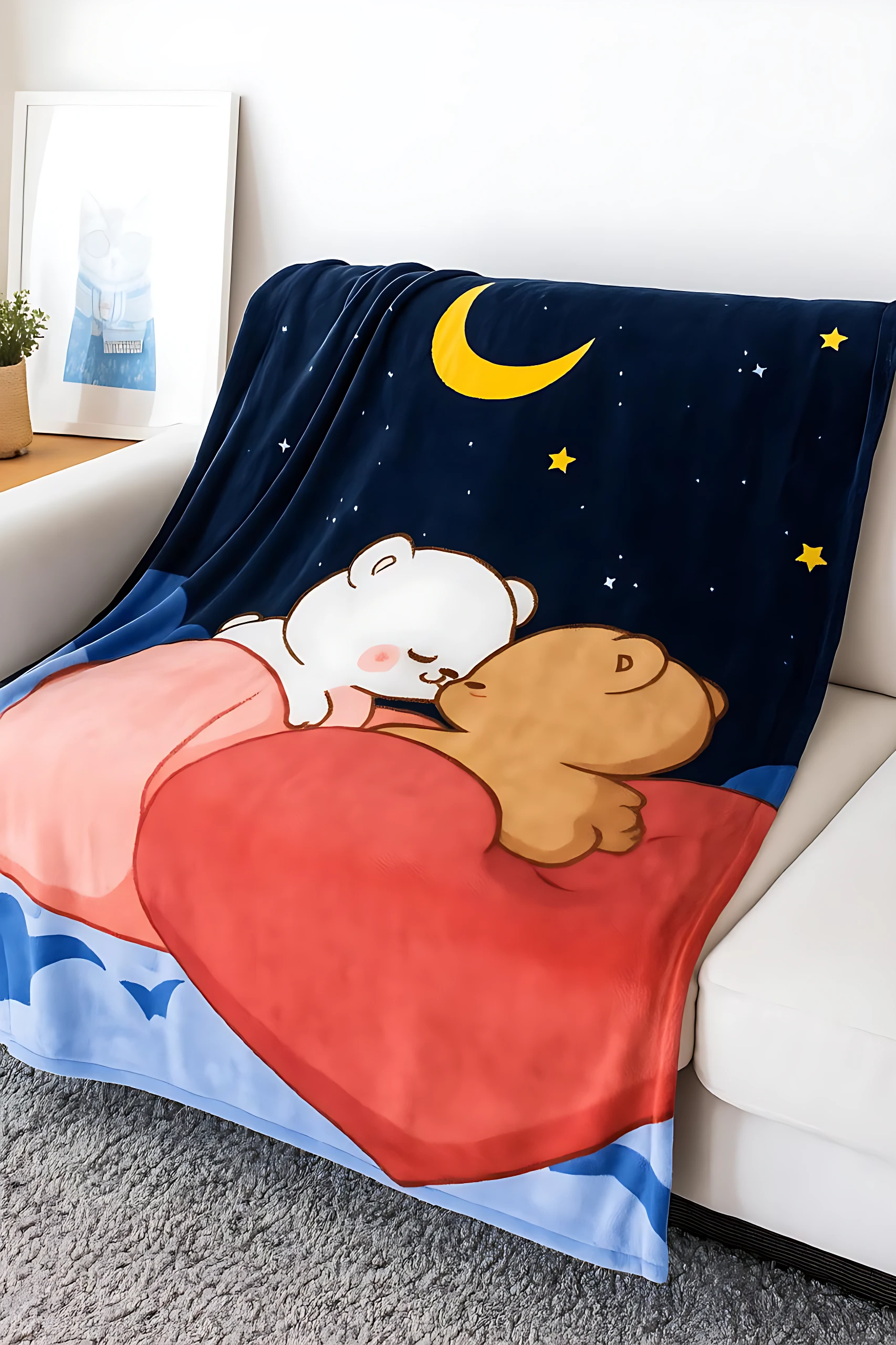Cobija suave piel de durazno azul noche con ositos durmiendo, luna y estrellas, ideal para niños.