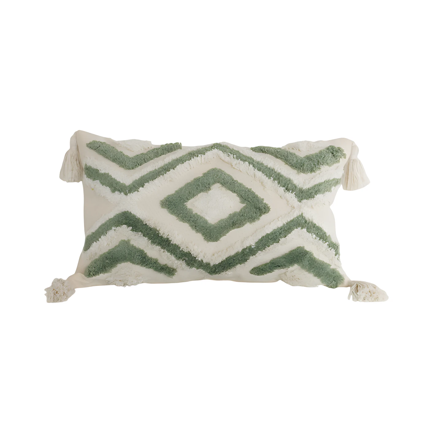 Cojín rectangular blanco con diseño geométrico verde y flecos, estilo moderno.