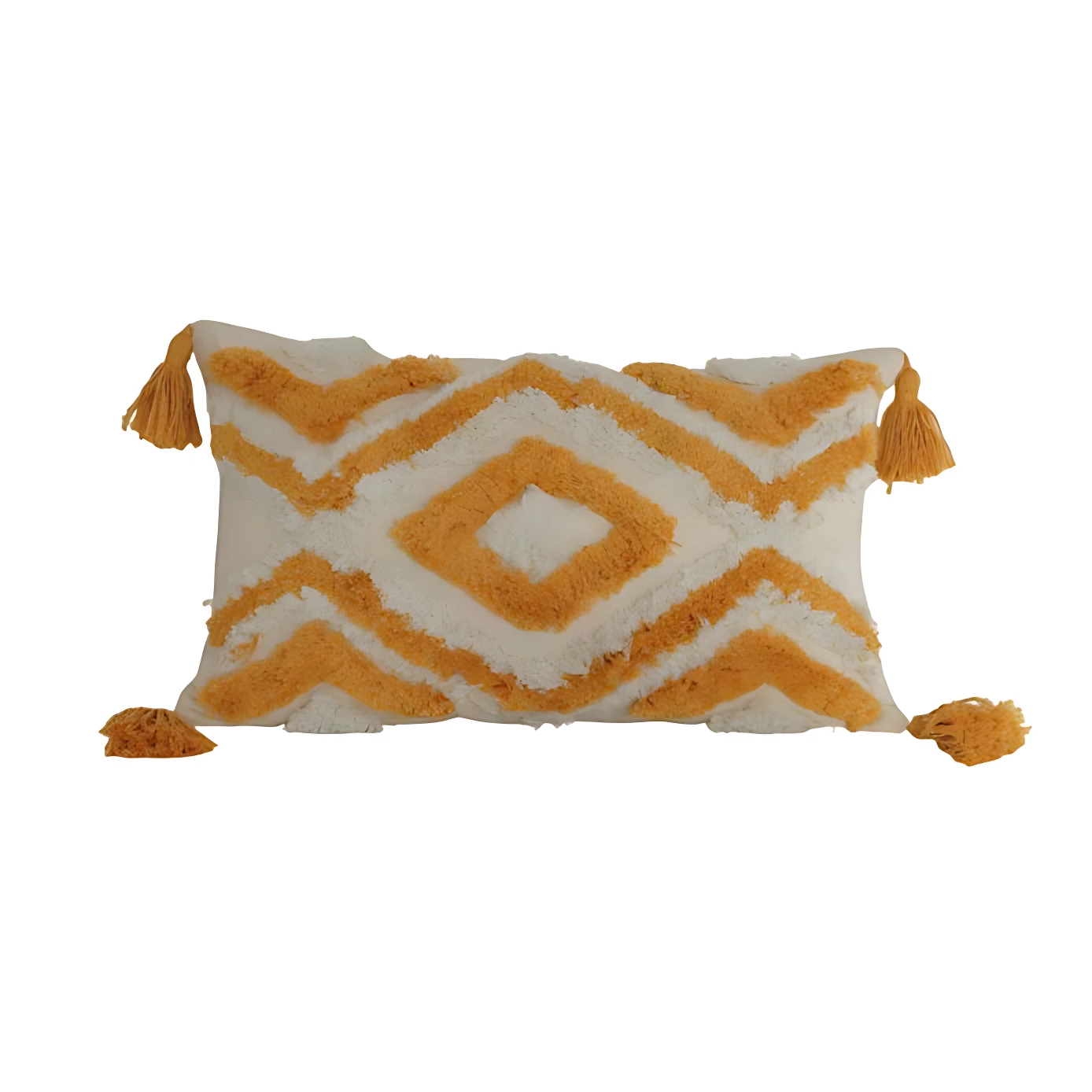Cojín rectangular blanco con diseño geométrico naranja y flecos, estilo moderno.