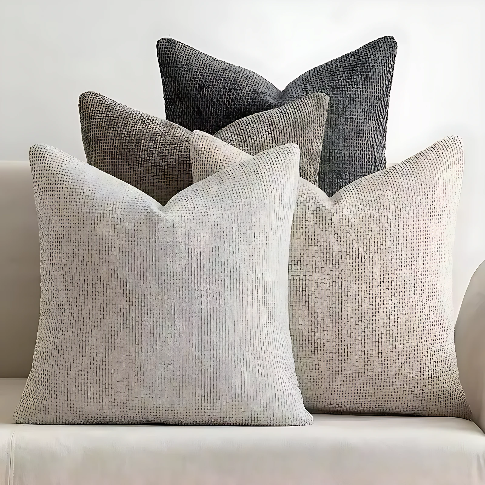 Set x2 cojines decorativos poliéster gris y beige texturizado, estilo moderno para sofá.