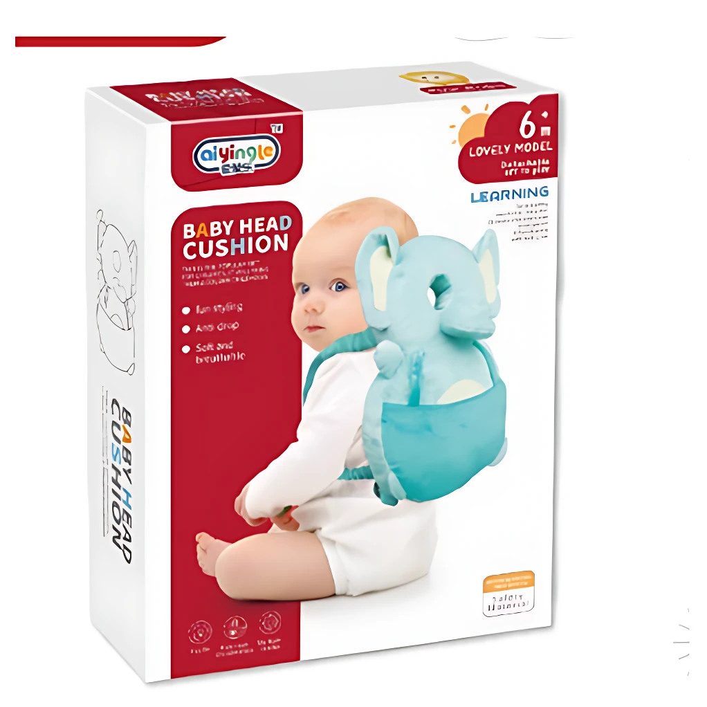 Cojín protector para bebé con diseño de elefante azul, ideal para aprender a caminar y prevenir caídas.