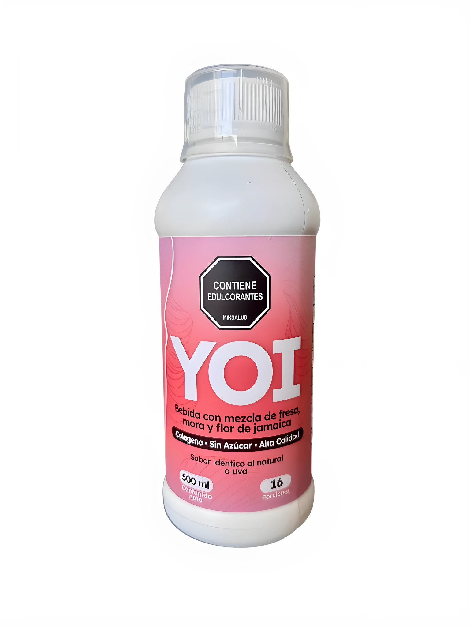Botella blanca con etiqueta rosa de Yoi colágeno líquido sabor fresa, mora y jamaica, sin azúcar, 500 ml.