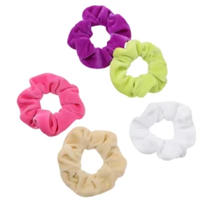 Pack 5 coleteros de terciopelo: morado, verde lima, rosa, beige y blanco, suaves y protectores para el cabello.