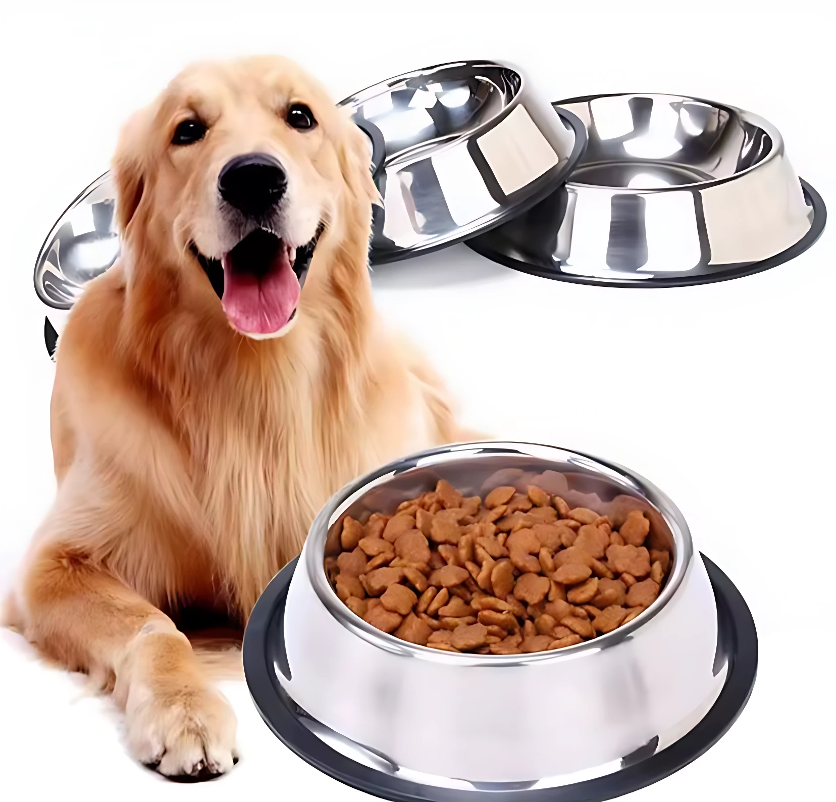 Perro golden retriever feliz junto a un comedero de acero inoxidable lleno de alimento.
