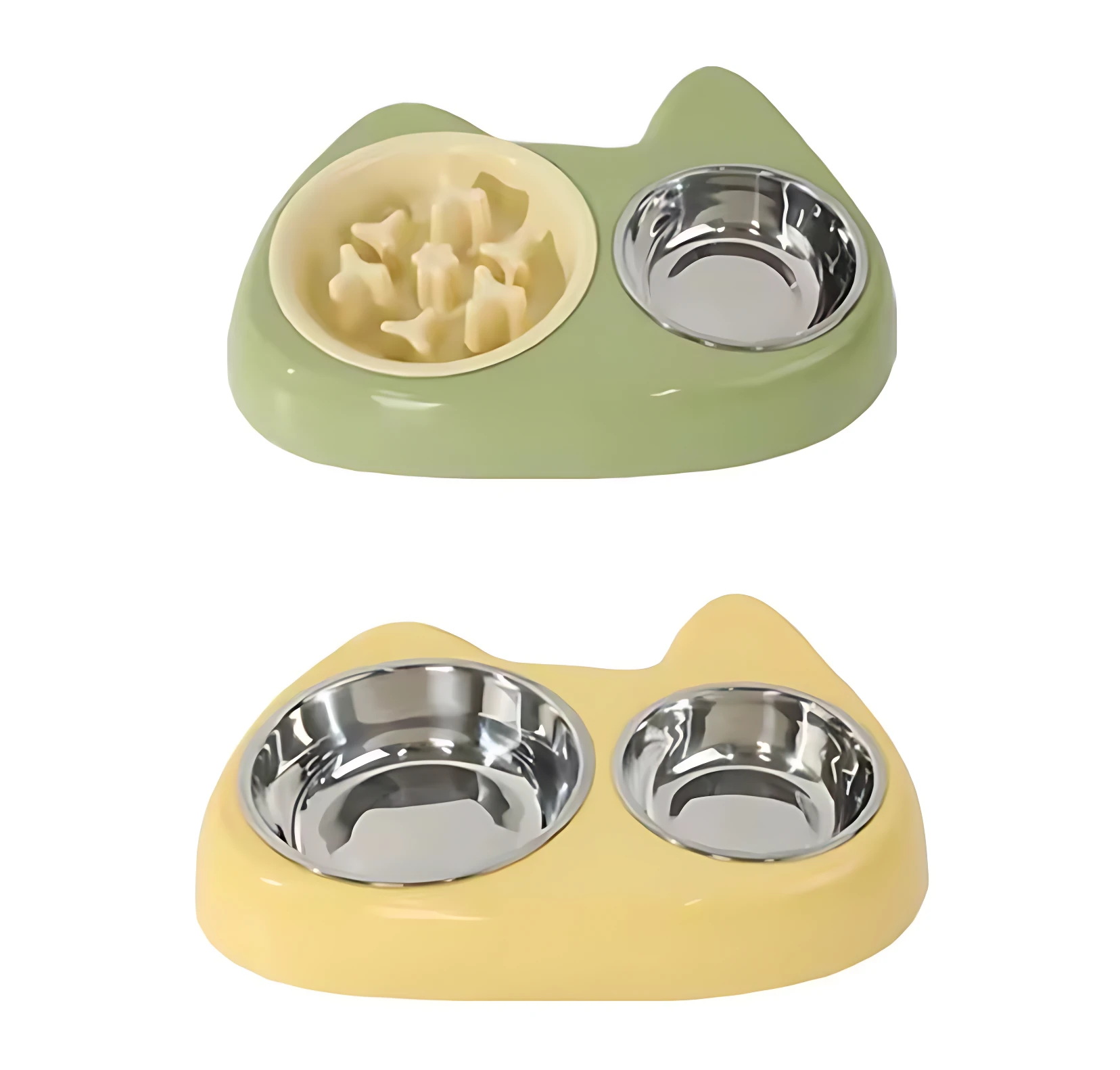 Comedero doble para mascotas con diseño de gato, uno con divisor para comer lento, en colores verde y amarillo.