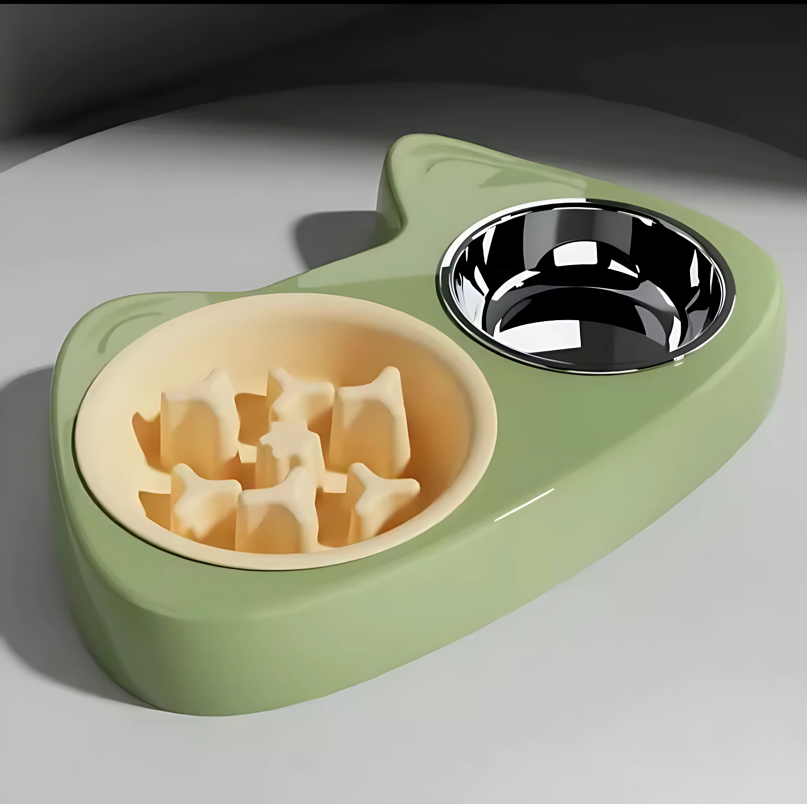 Comedero doble para mascotas JANDTEK, verde, con tazón de acero inoxidable y tazón con separadores para comida lenta.