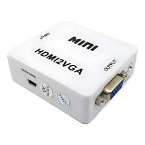 Adaptador HDMI a VGA blanco con puertos USB/Power, Audio y salida VGA. Ideal para conectar dispositivos modernos a pantallas antiguas.