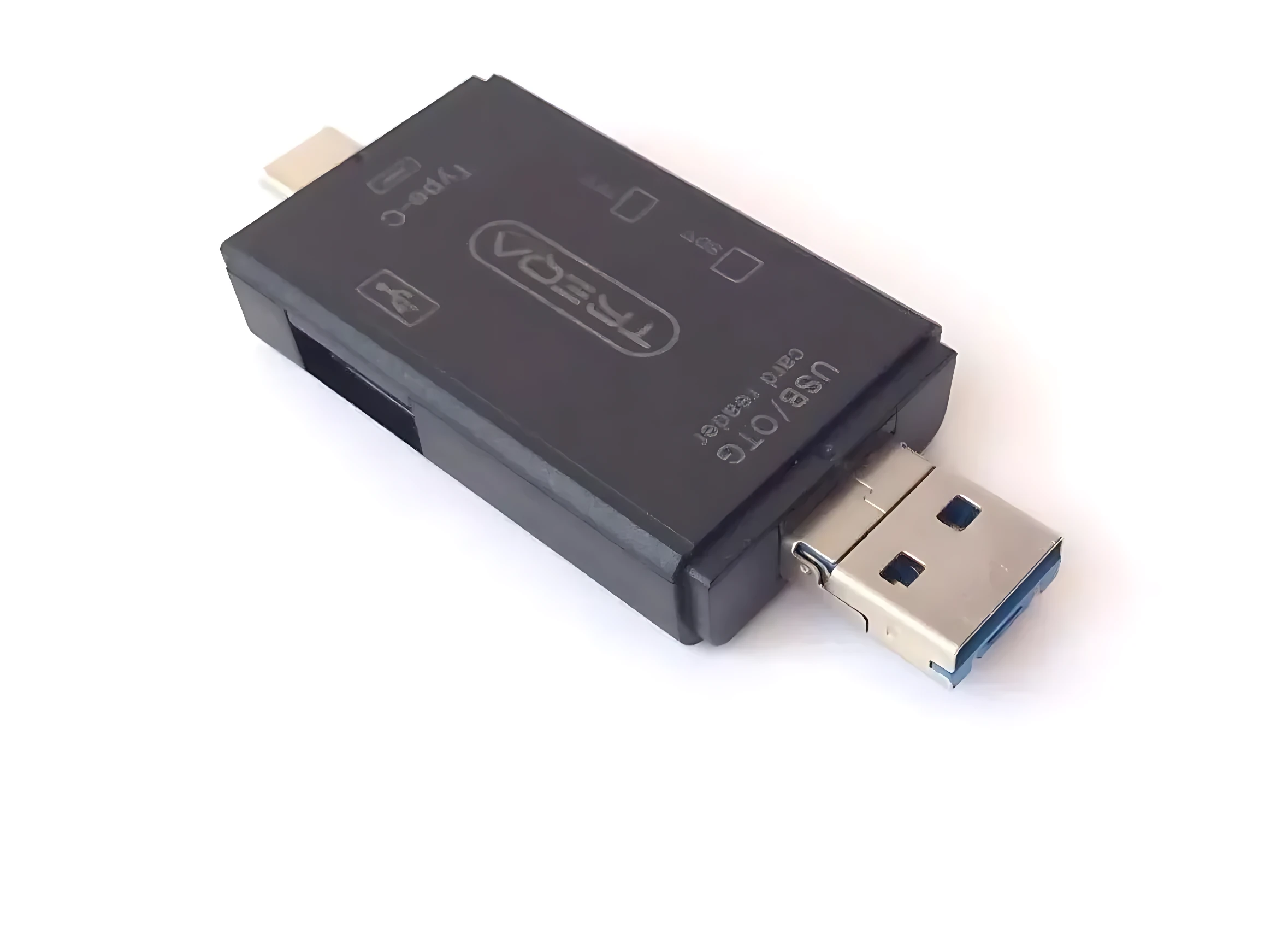 Adaptador USB-C OTG negro con puertos USB-A y ranuras para tarjetas SD/TF, ideal para transferencia de datos.