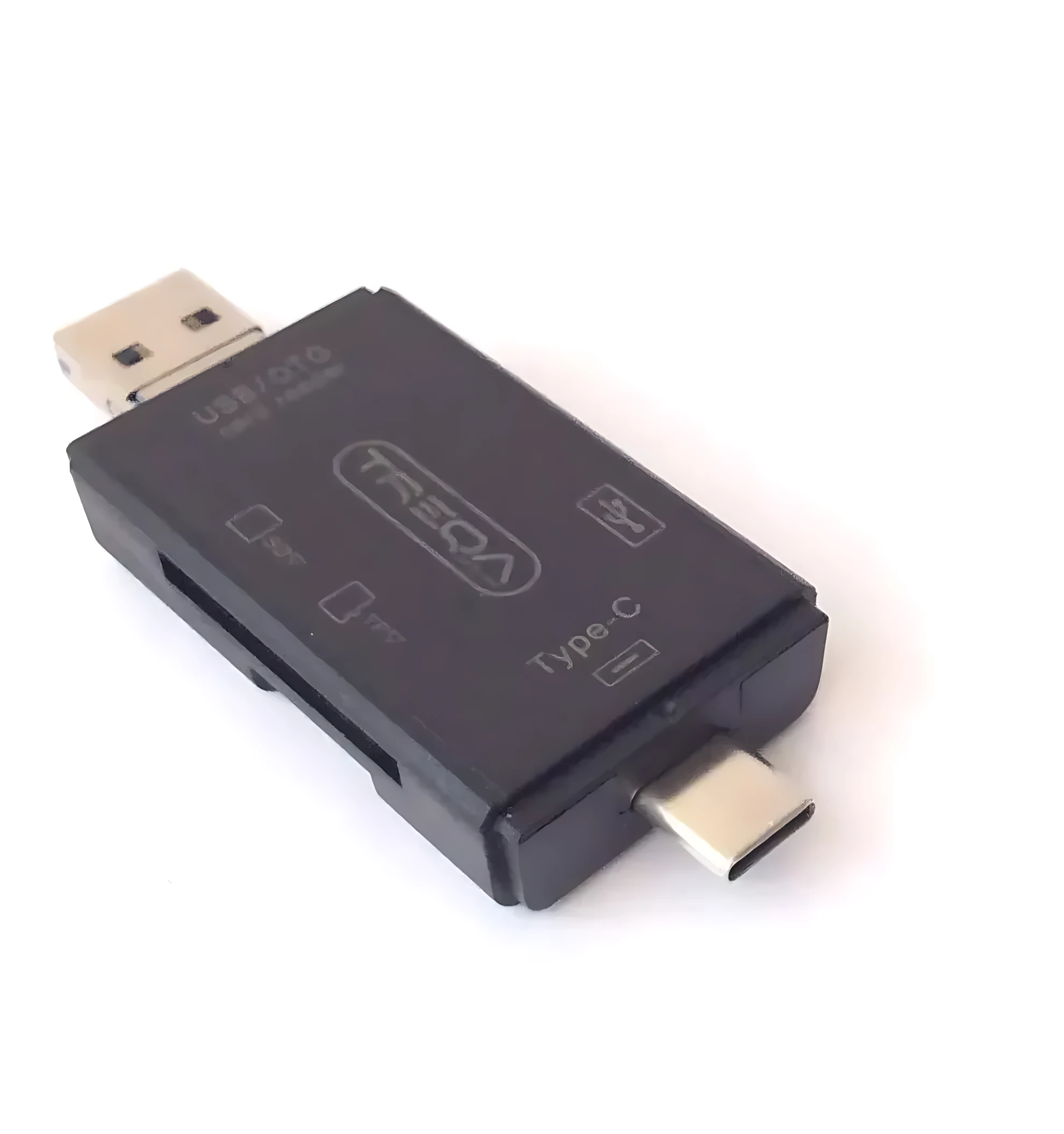 Adaptador OTG negro con puertos USB-A y USB-C, lector de tarjetas SD y TF.