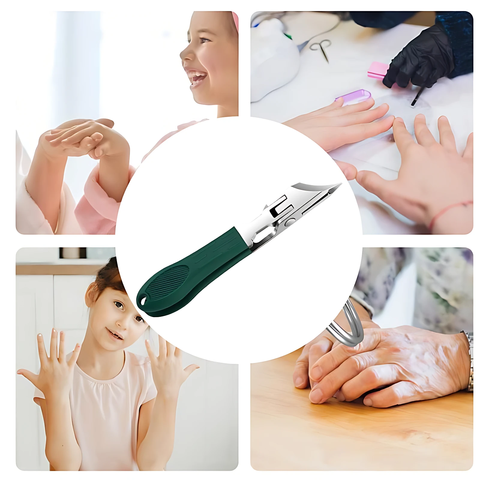 Cortaúñas de esquina verde con mango ergonómico, ideal para uñas gruesas y duras.