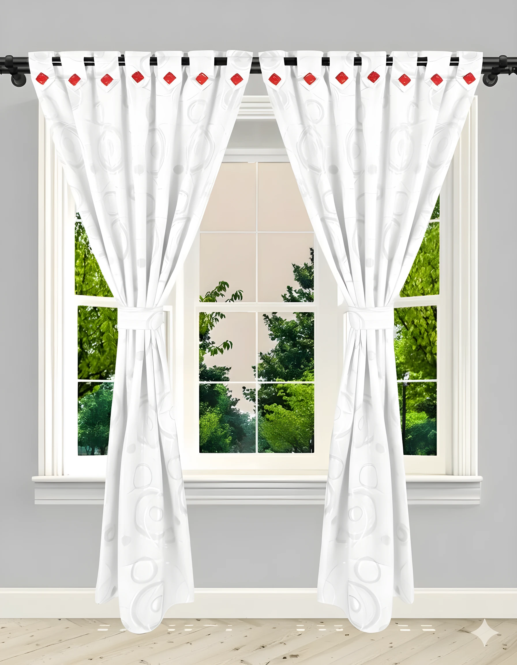 Cortina Jacquard blanca con diseño de círculos, ojales rojos y amarre.