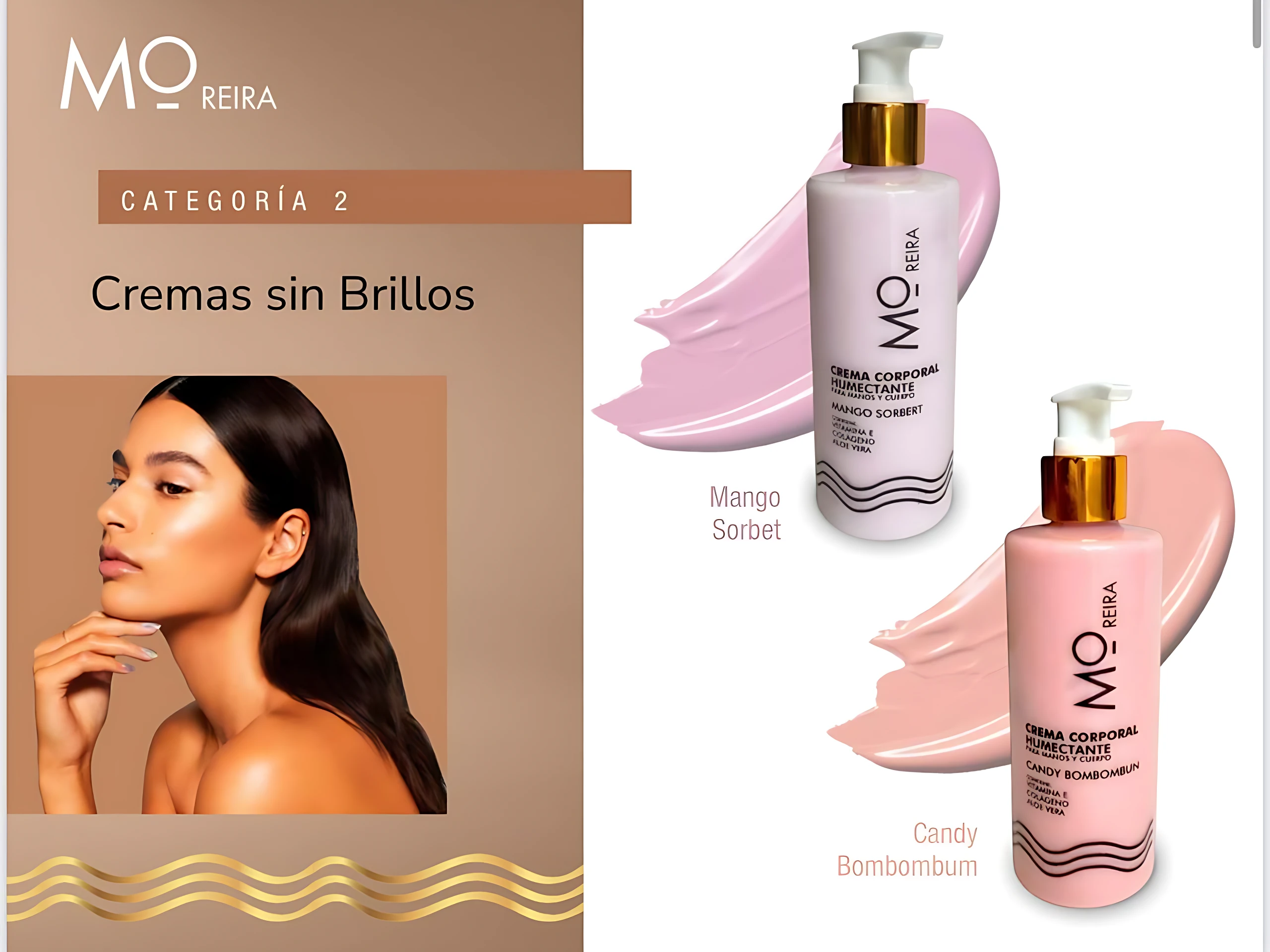 Crema corporal hidratante MO REIRA Mango Sorbet y Candy Bombombum, con modelo de mujer y texturas rosadas.