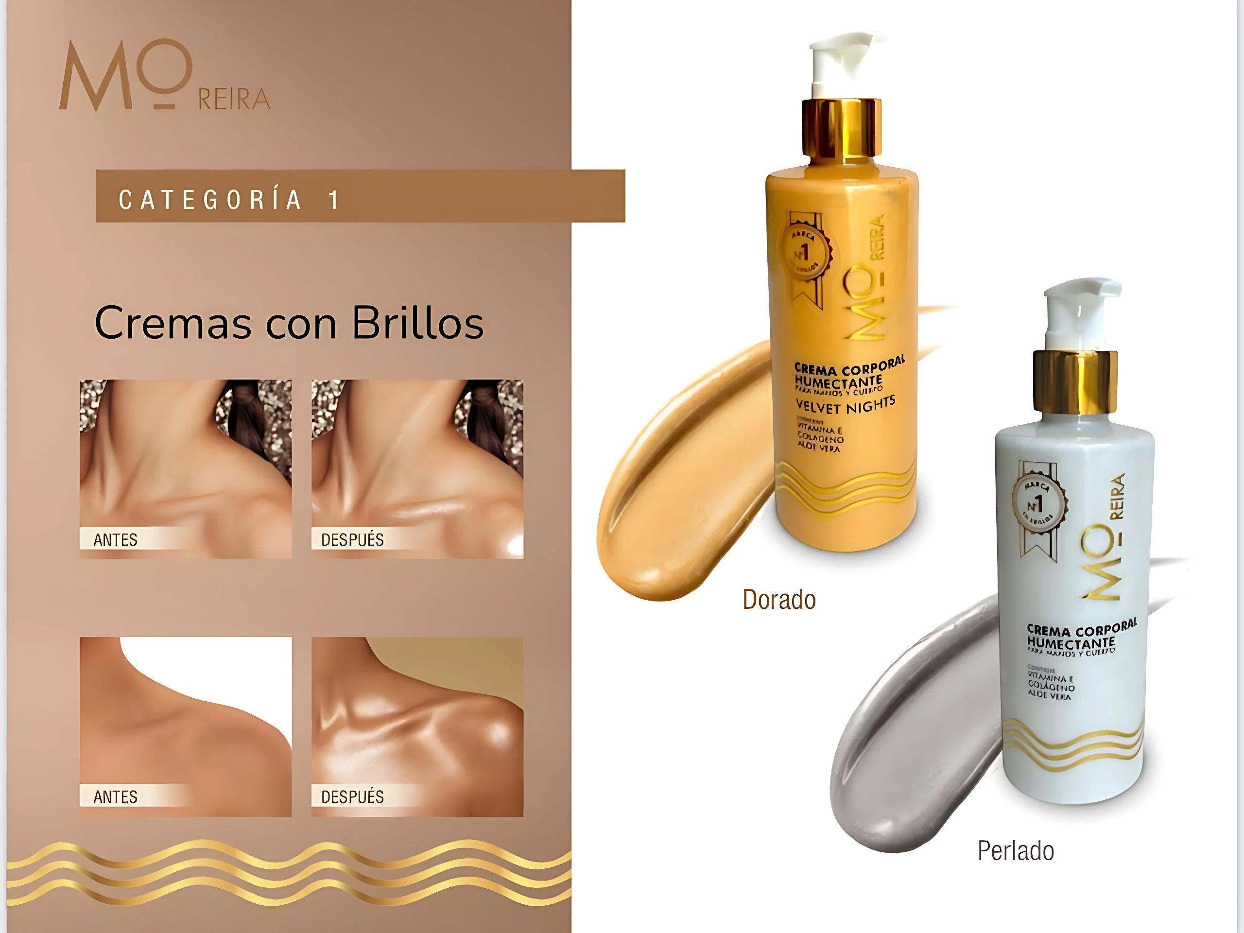Crema corporal hidratante con brillo M.O. Reira, tonos dorado y perlado, para piel luminosa.