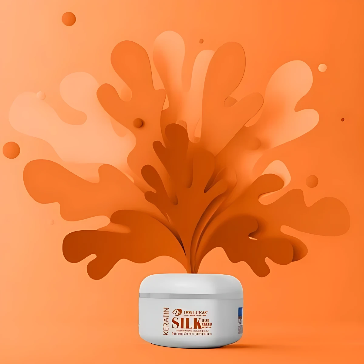 Crema para cabello con gusano de seda y queratina, en envase blanco, con fondo naranja y diseño abstracto.