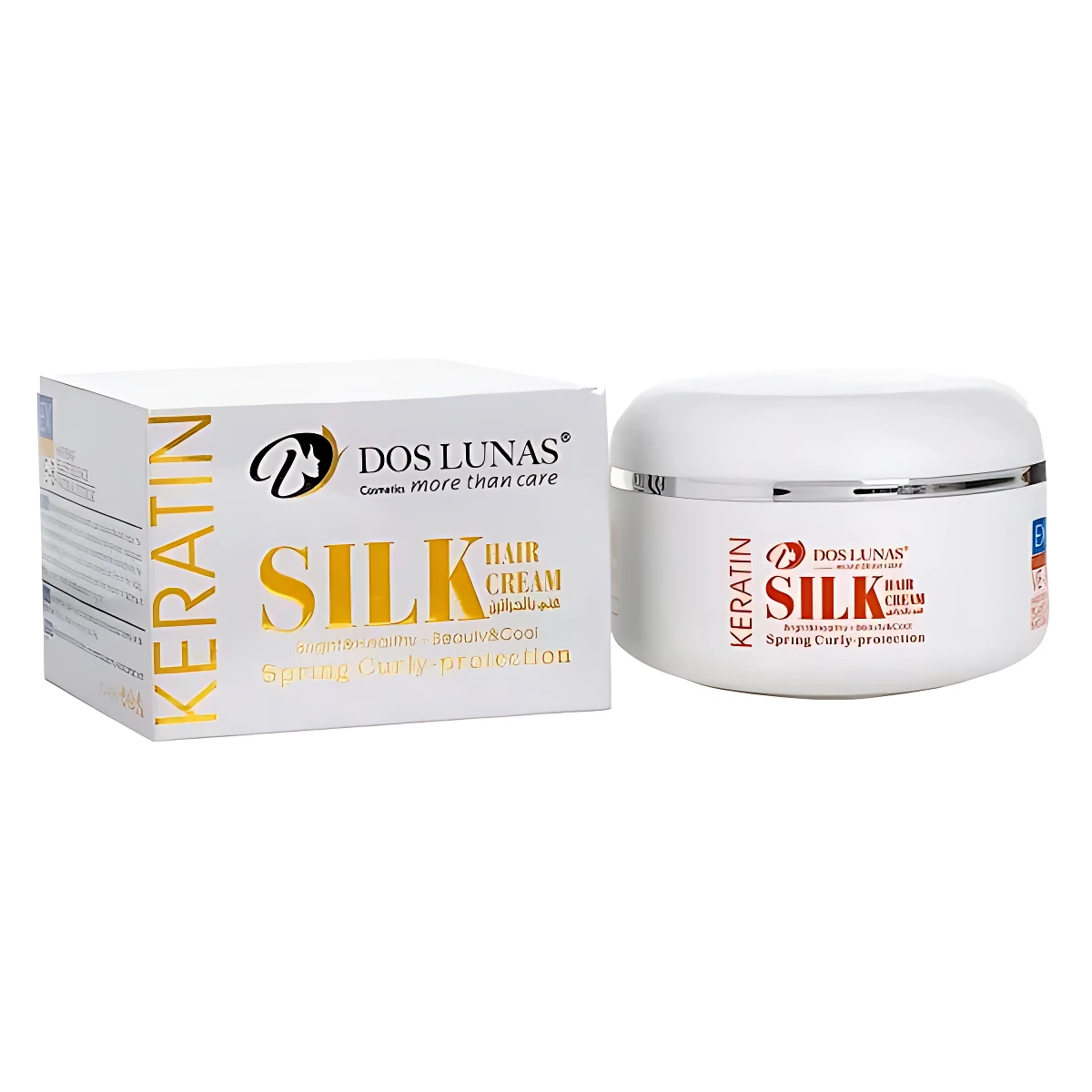 Crema capilar Dos Lunas Keratin Silk para cabello rizado, revitaliza y protege. Caja y tarro blanco con detalles dorados.
