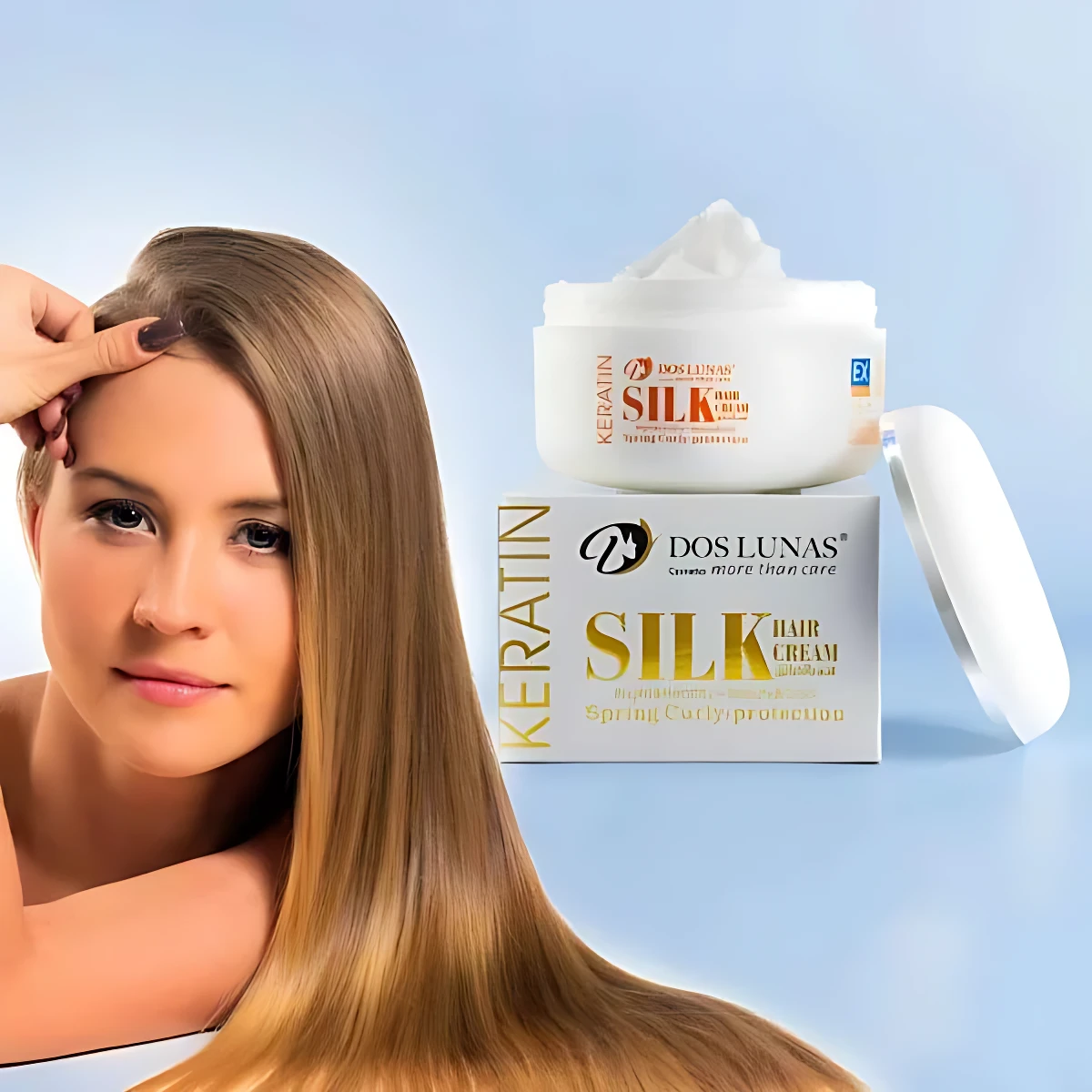 Crema capilar Dos Lunas Silk Keratin en tarro blanco, con modelo de cabello rubio sedoso.