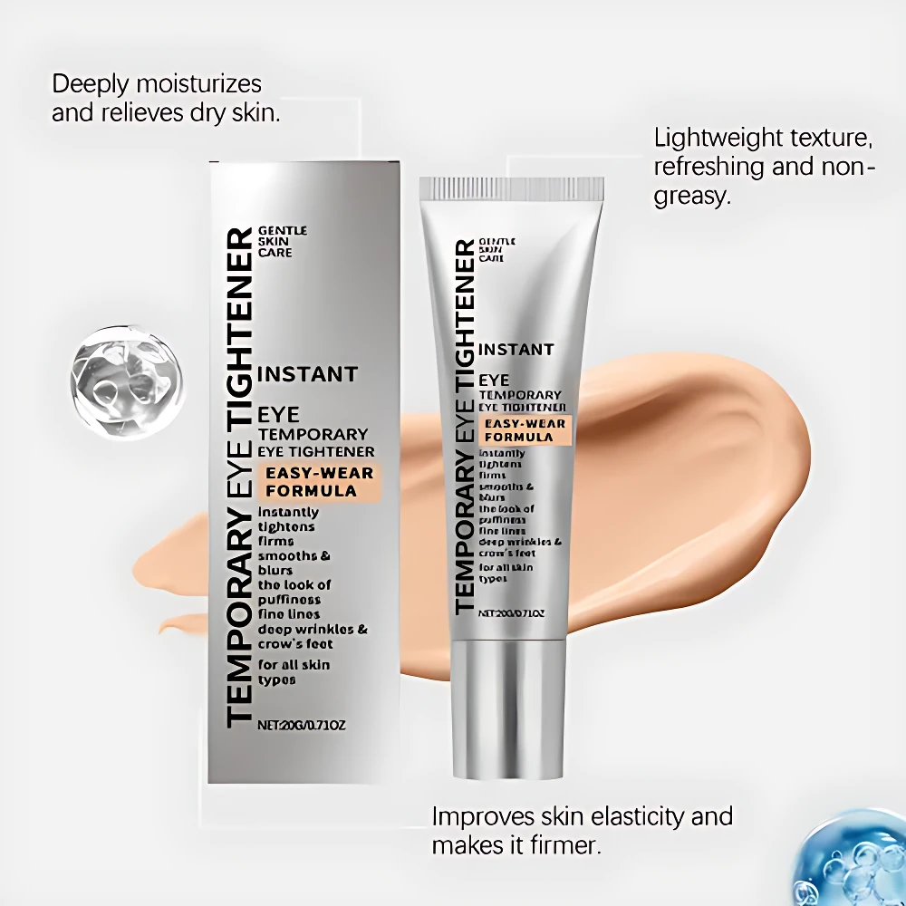 Crema tensora para ojos en tubo plateado, textura ligera, combate arrugas y ojeras.