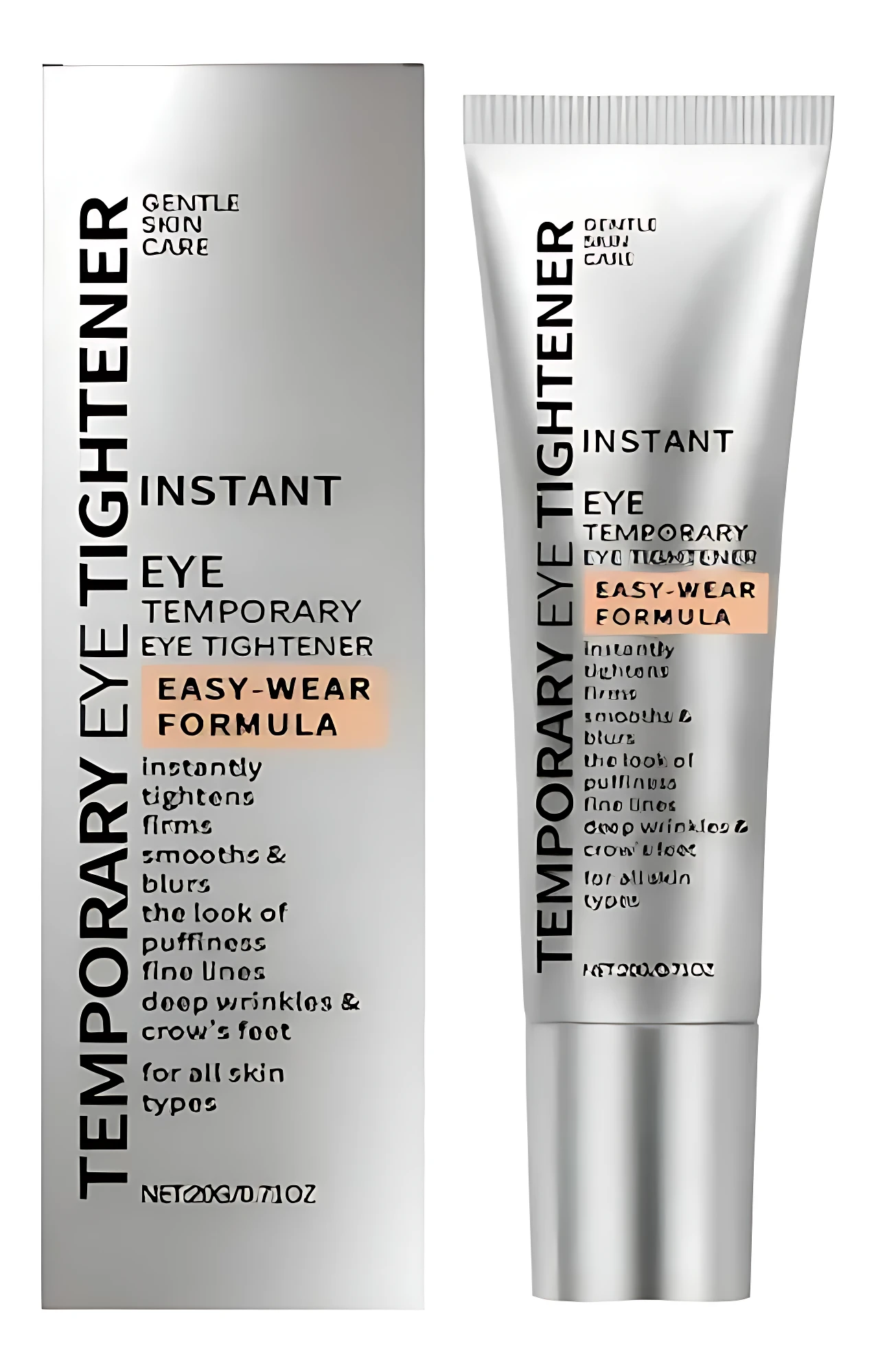 Crema tensora para ojos en tubo plateado, ideal para reducir bolsas y líneas finas.