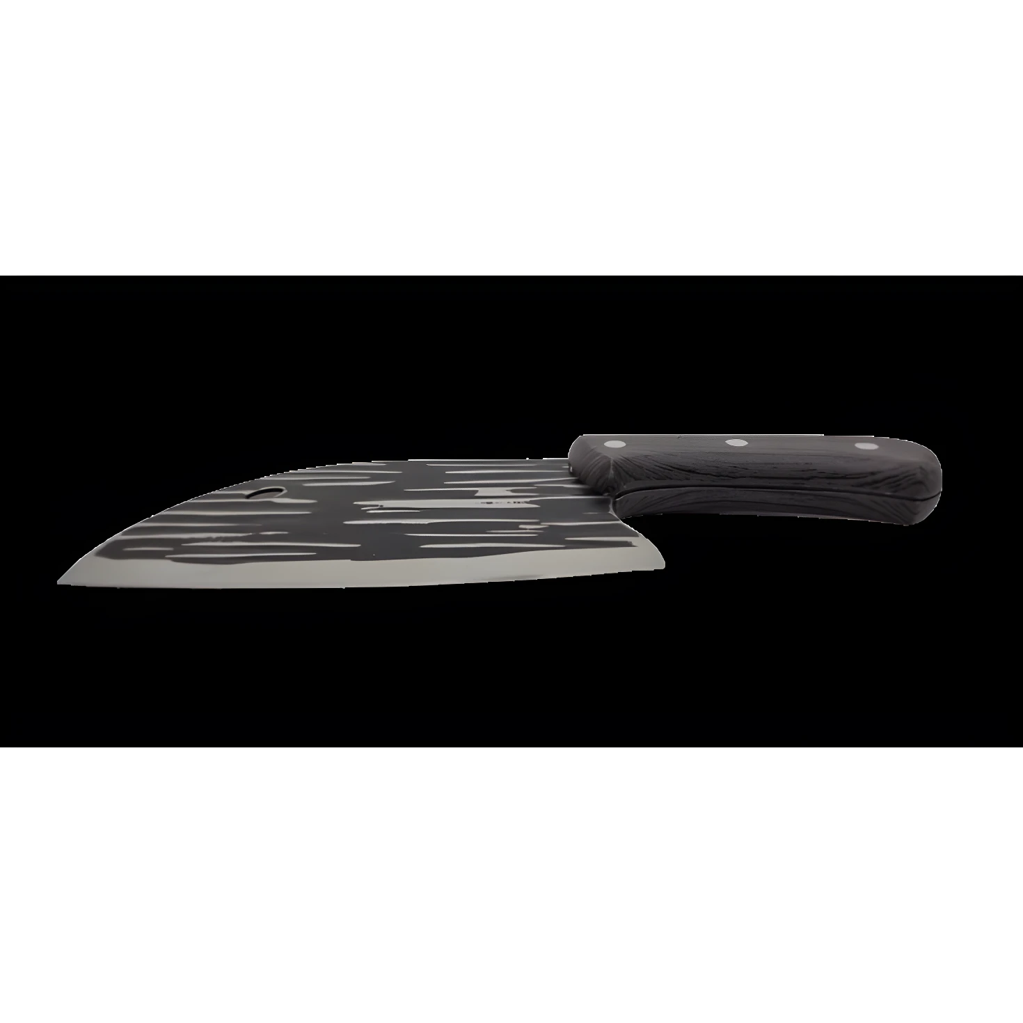 Hachuela profesional con hoja de acero Damascus, mango negro texturizado, ideal para cortar.