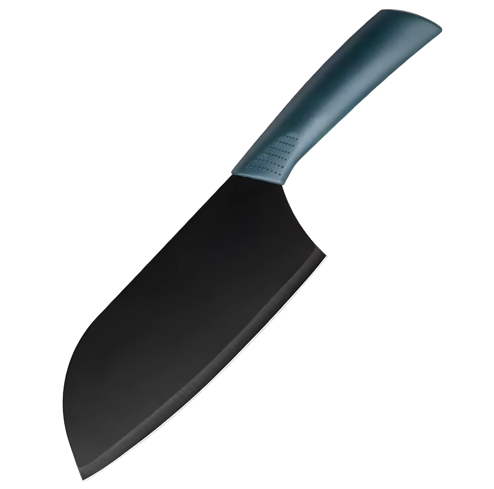 Cuchillo de chef negro con mango azul verdoso texturizado, hoja ancha y curva.