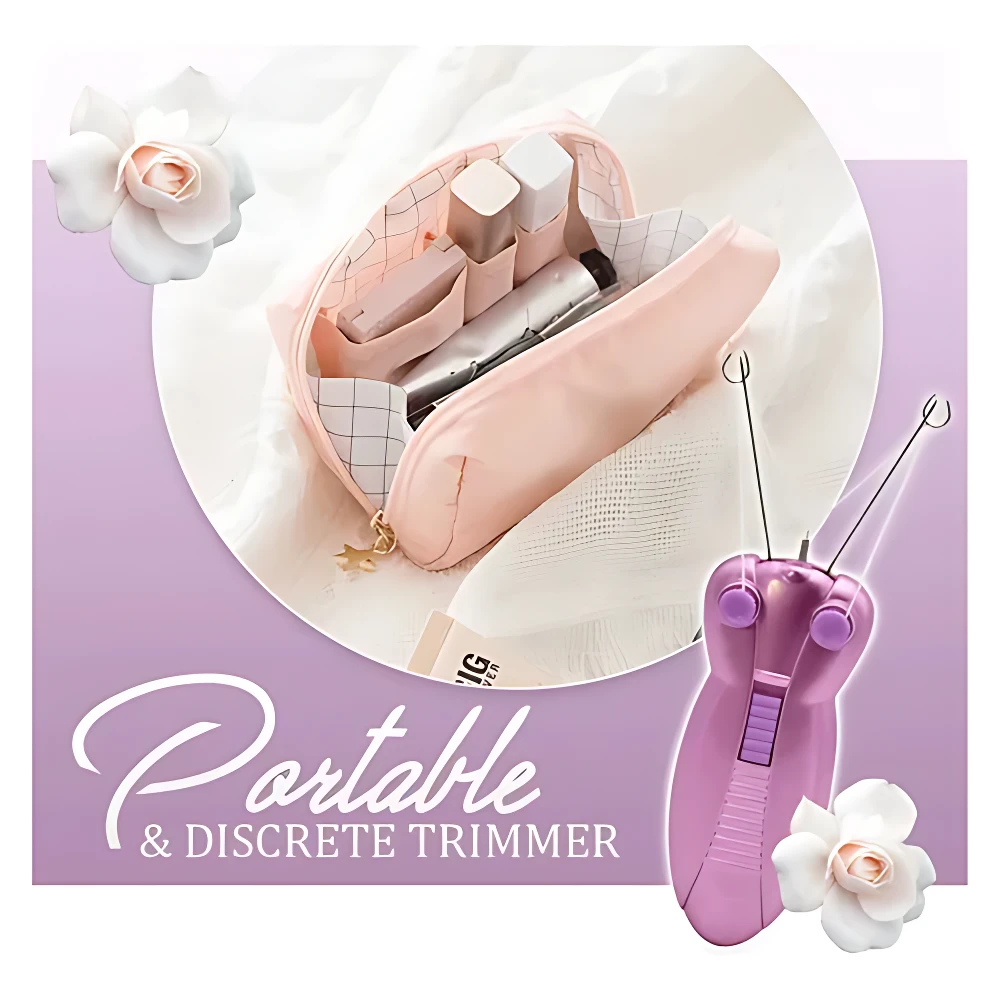 Depilador facial eléctrico Kemei morado, compacto y discreto, con bolsa de maquillaje y flores.