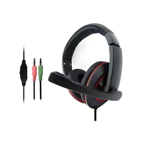Diadema gamer negra con micrófono ajustable, cable con conectores rosa y verde para PC.