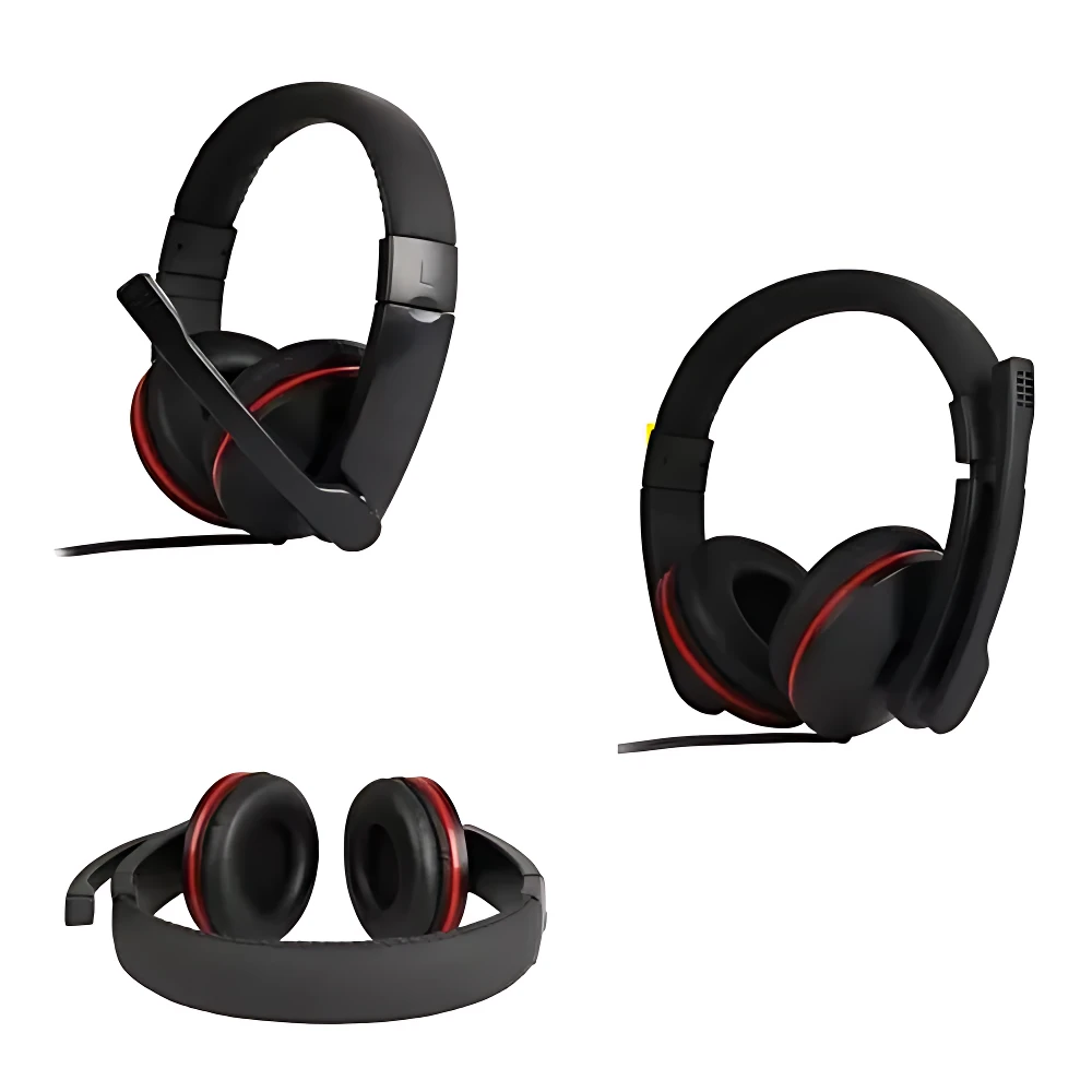 Diadema gamer Bysoul BS-402 negra con detalles rojos, micrófono ajustable, para PC.